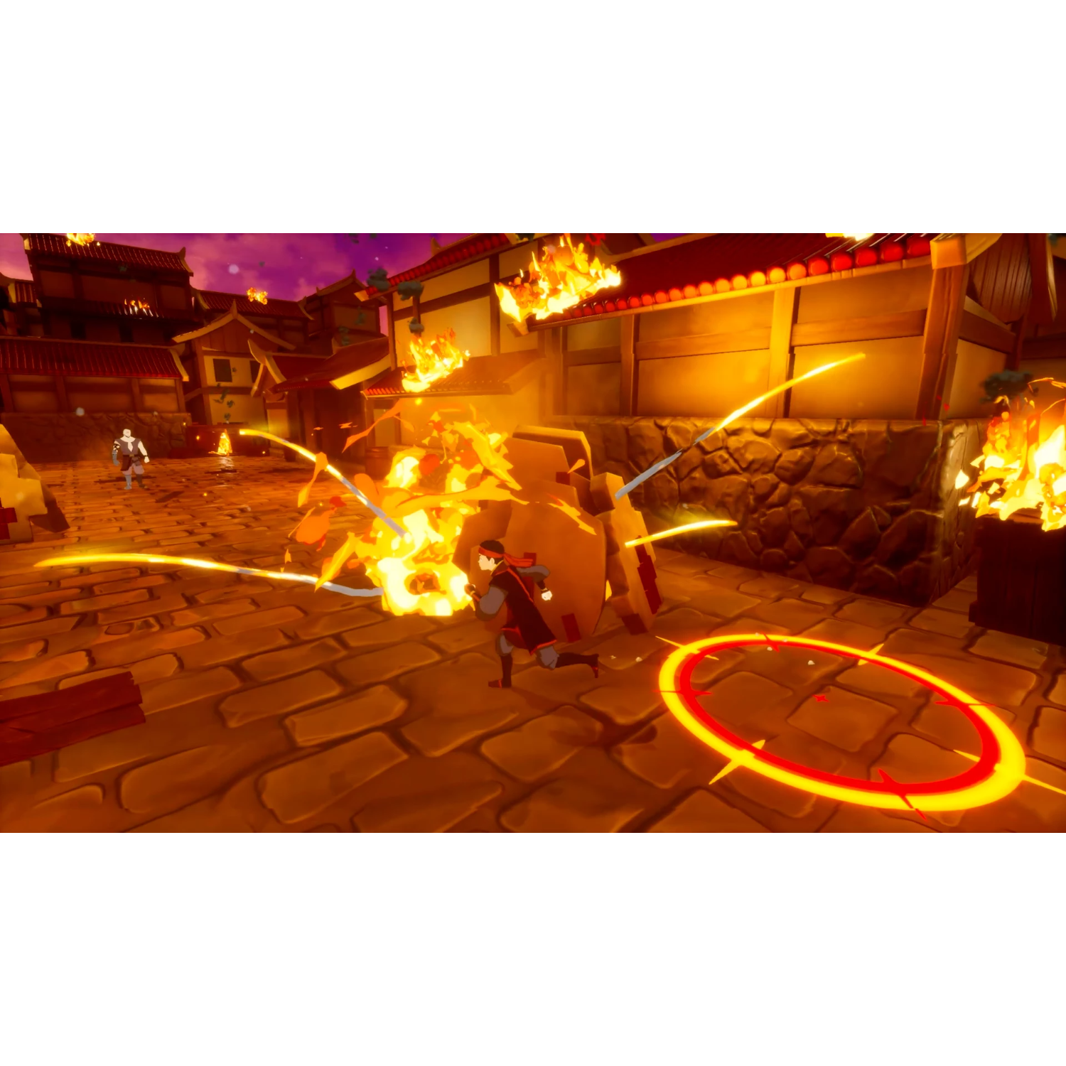 Una escena de videojuego con personajes luchando en un entorno estilizado.