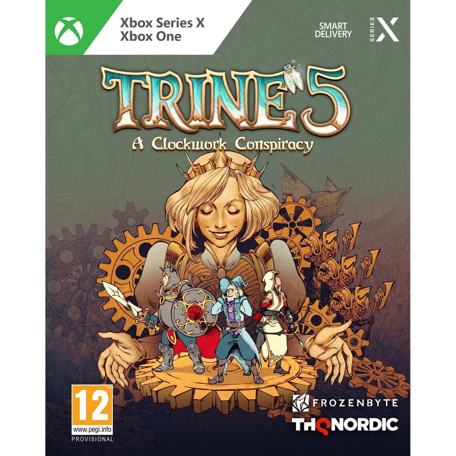 Okładka gry Trine 5: A Clockwork Conspiracy. Zawiera postacie w scenerii fantasy.