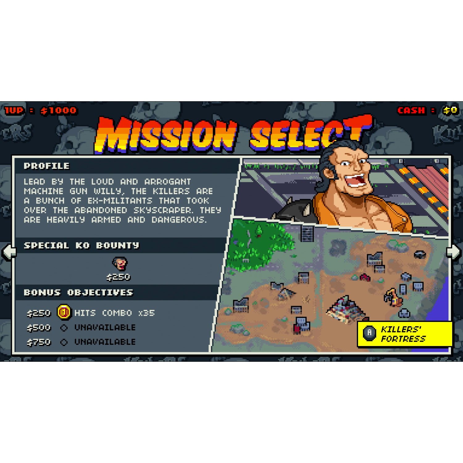 Ekran retro gry wideo z opcjami wyboru misji i ilustracją postaci, Killer's Fortress.