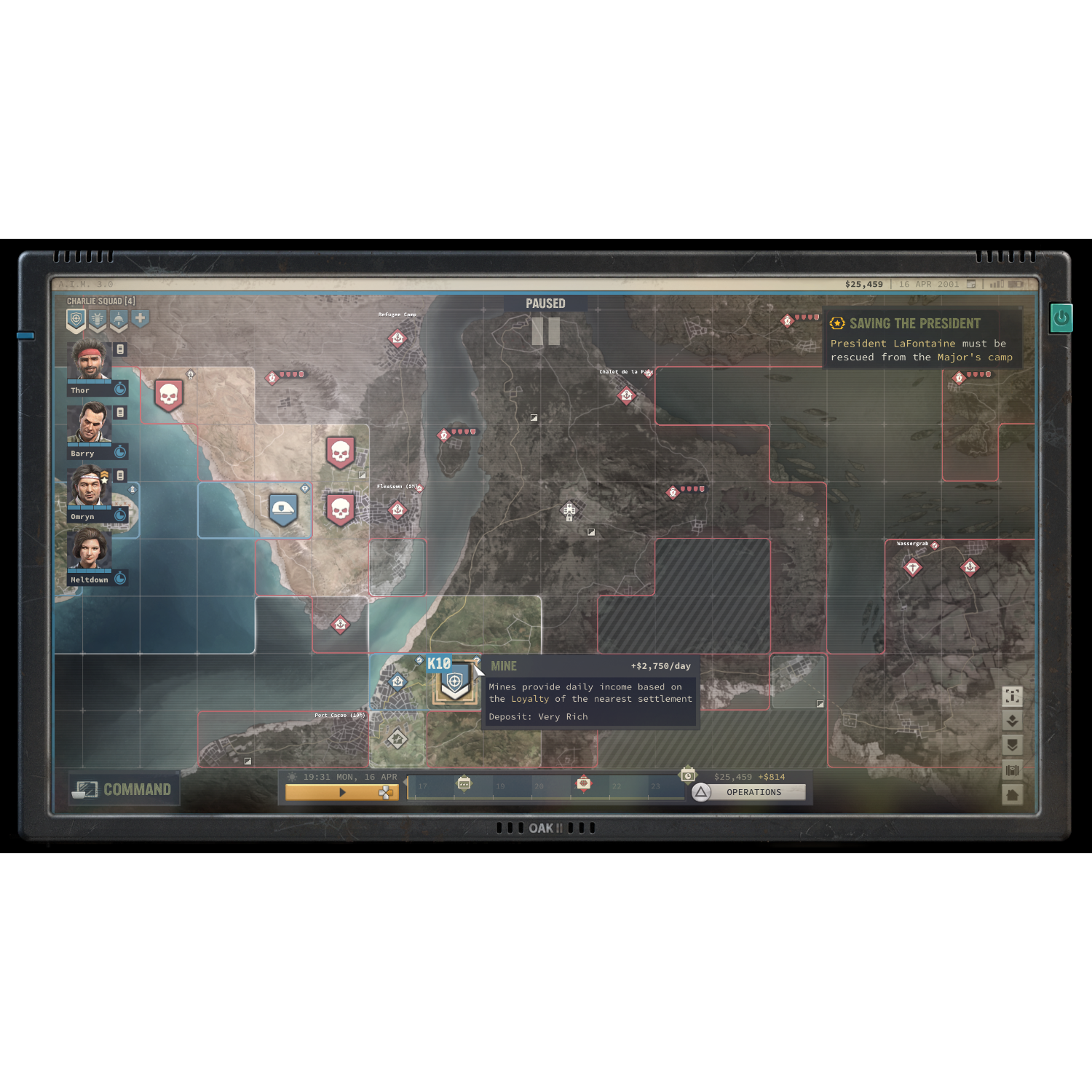 Captura de pantalla de un juego de estrategia pausado. Mapa con territorios, iconos y texto.