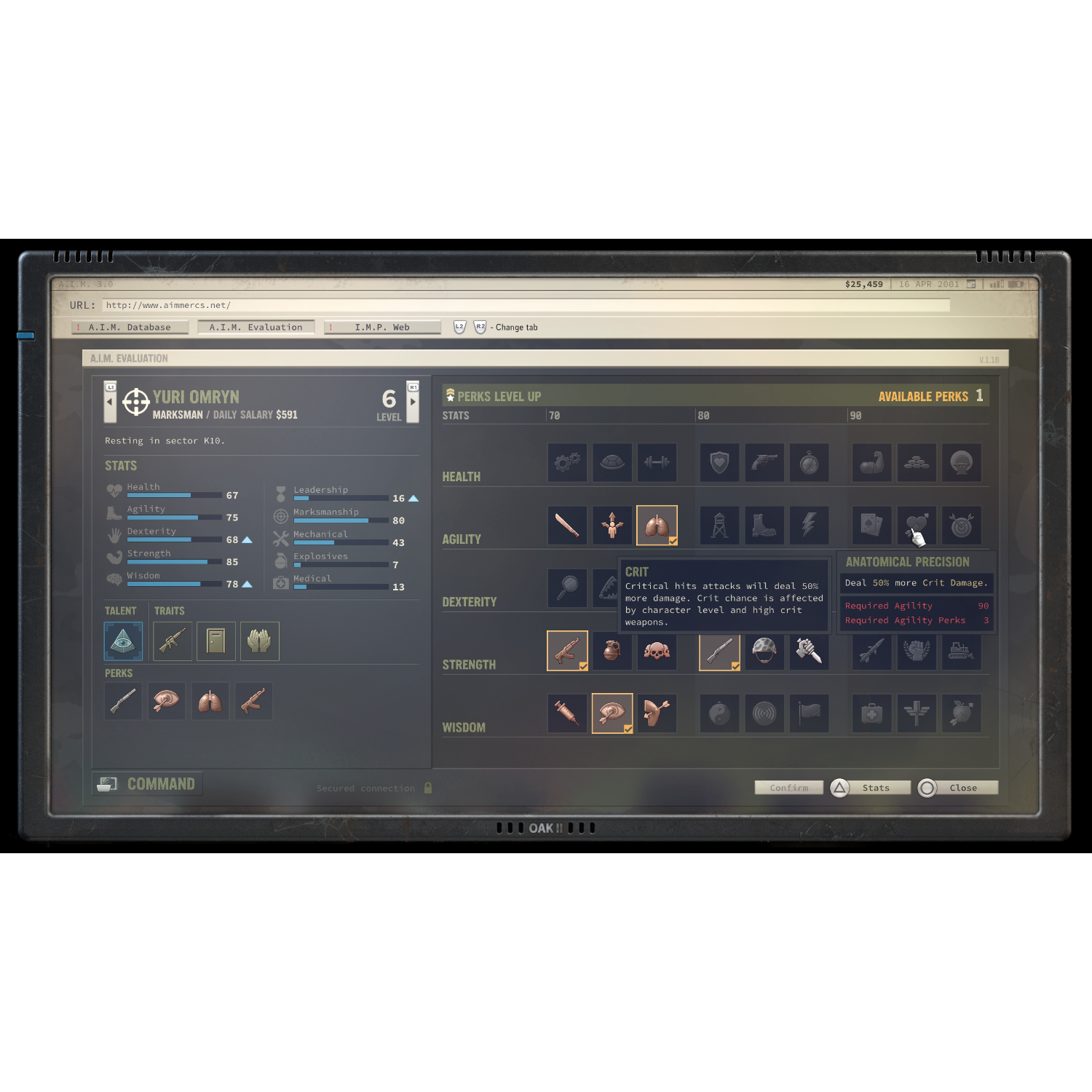 Una pantalla de computadora que muestra una interfaz de juego con texto e iconos. Tiene varias estadísticas y opciones.