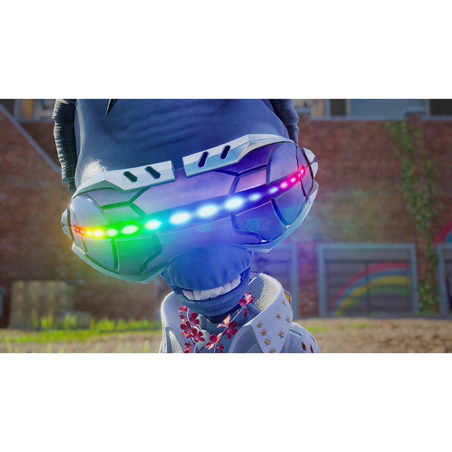 Niebieski kosmita z świecącym wizjerem, w koszuli w stylu Elvisa.