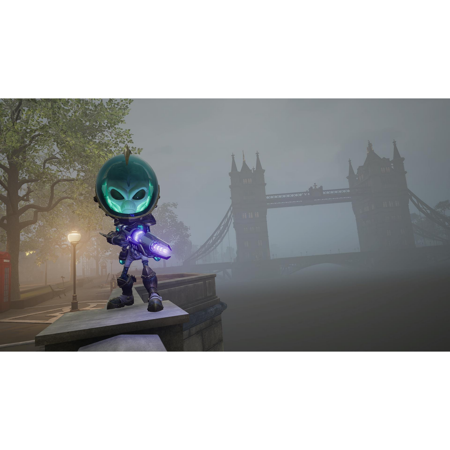 Kreskówkowa postać kosmity stojąca na murze, z Mostem Londyńskim w tle w mglistej scenerii.