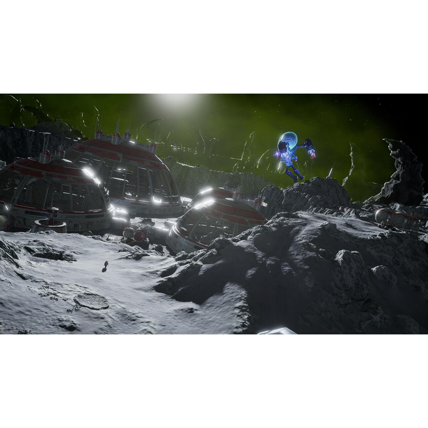 Scena science-fiction na planecie ze strukturami i postacią latającą.