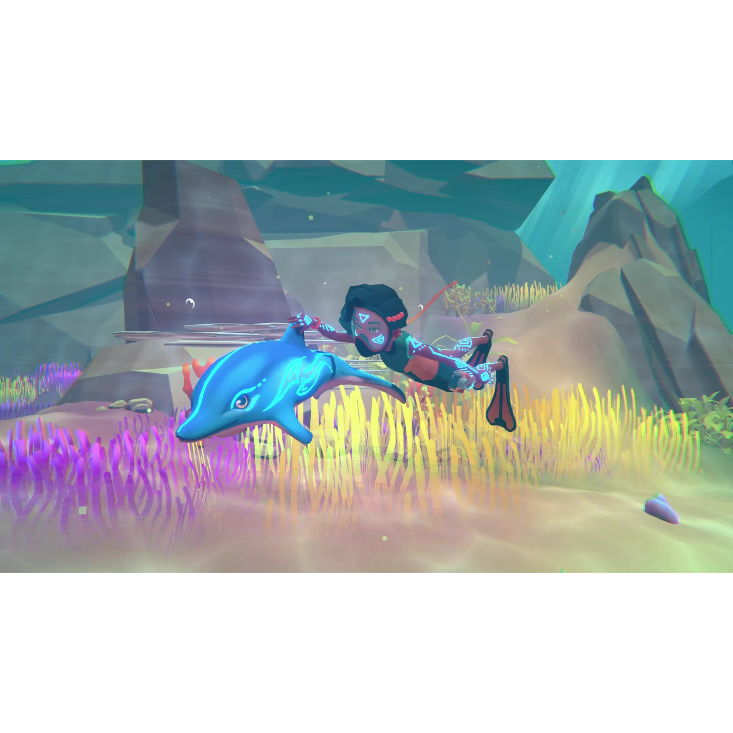 Osoba pływa z delfinem pod wodą, żywe kolory niebieski i zielony.