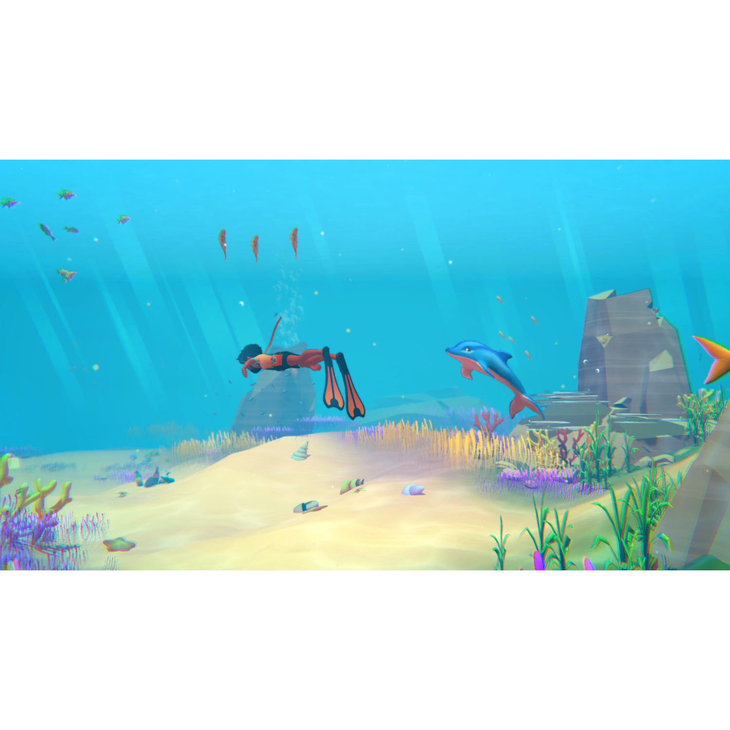 Scena podwodna z nurkiem, niebieskim delfinem i rafą koralową z promieniami słonecznymi w wodzie.