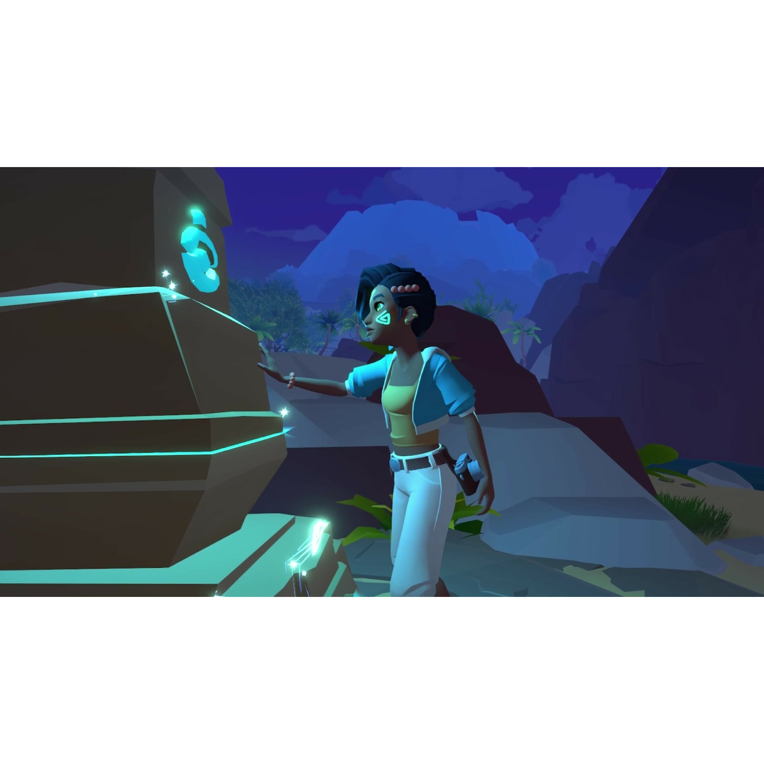 Kobieta w niebieskich i żółtych ubraniach dotyka świecącej konstrukcji, nocna sceneria.