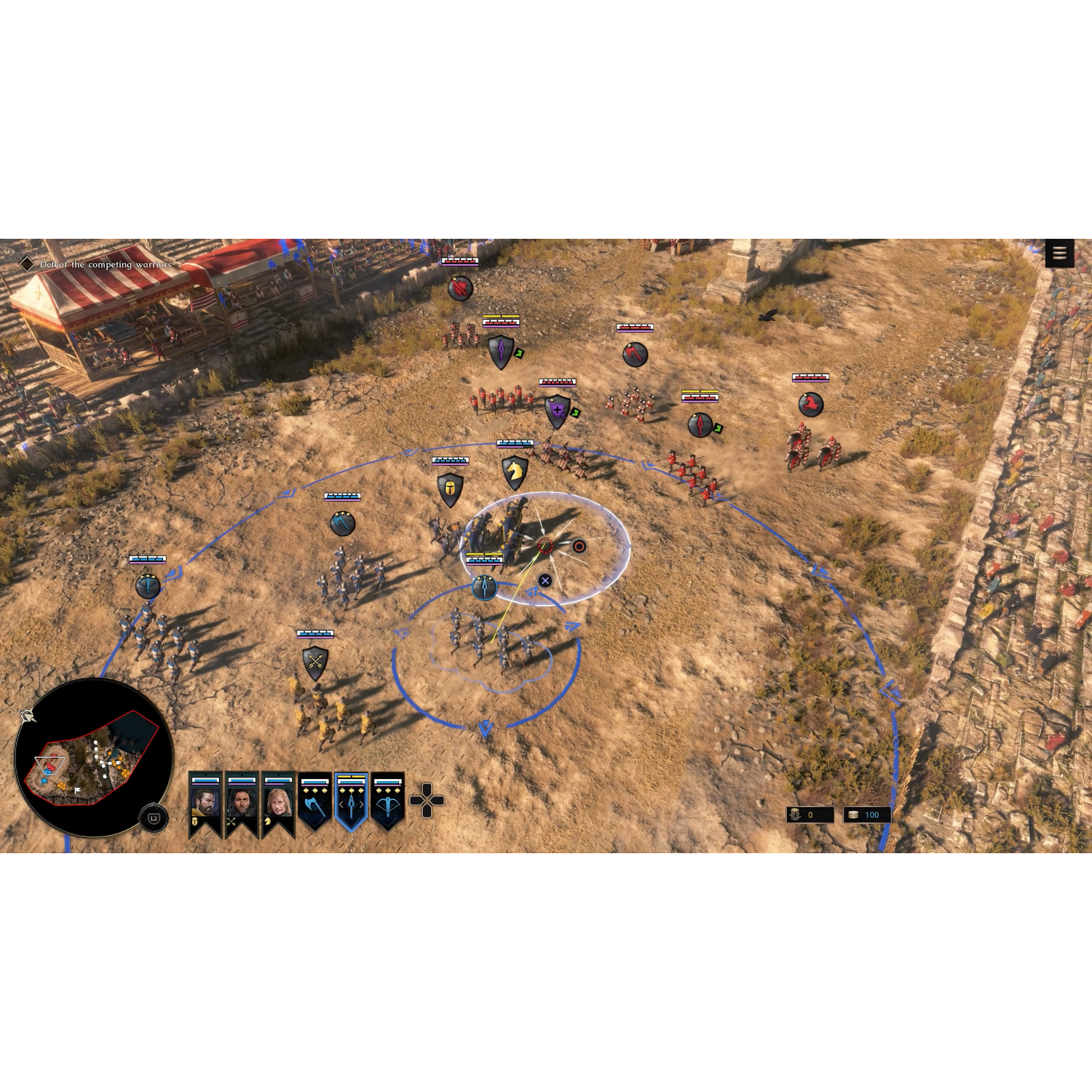 Schermata di un gioco di strategia, vista dall'alto, con varie unità e icone.