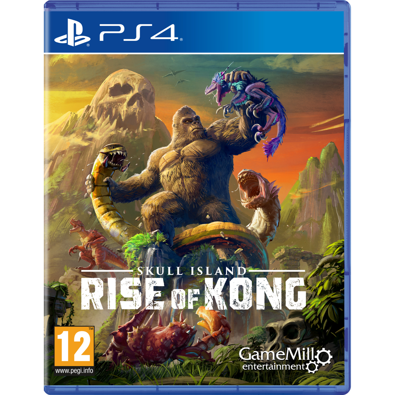 Portada del juego: King Kong luchando contra criaturas, con un telón de fondo de jungla y montaña.