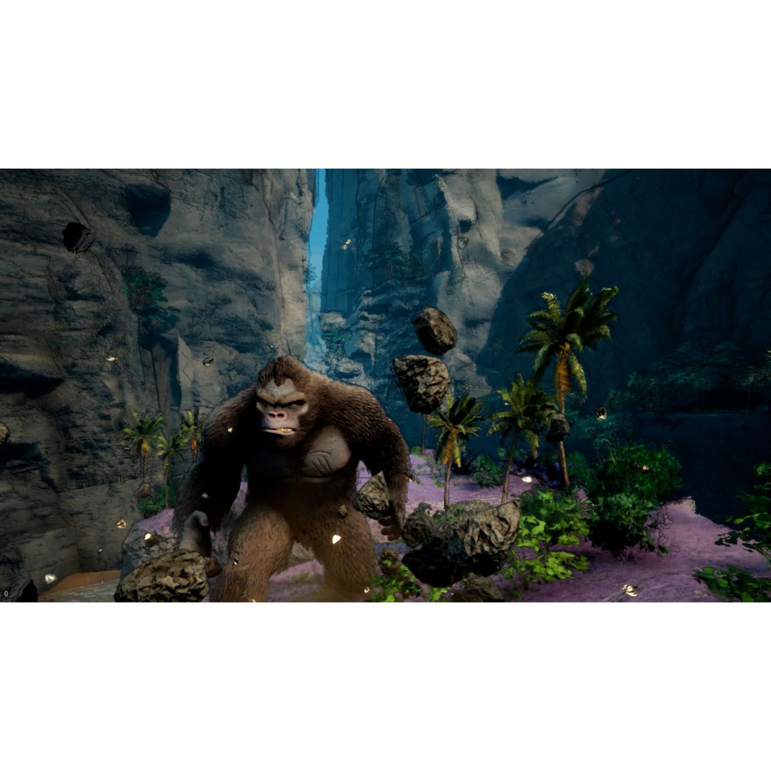 Ein großer Gorilla in einer Dschungelkulisse, mit Felsen und Palmen unter blauem Himmel.
