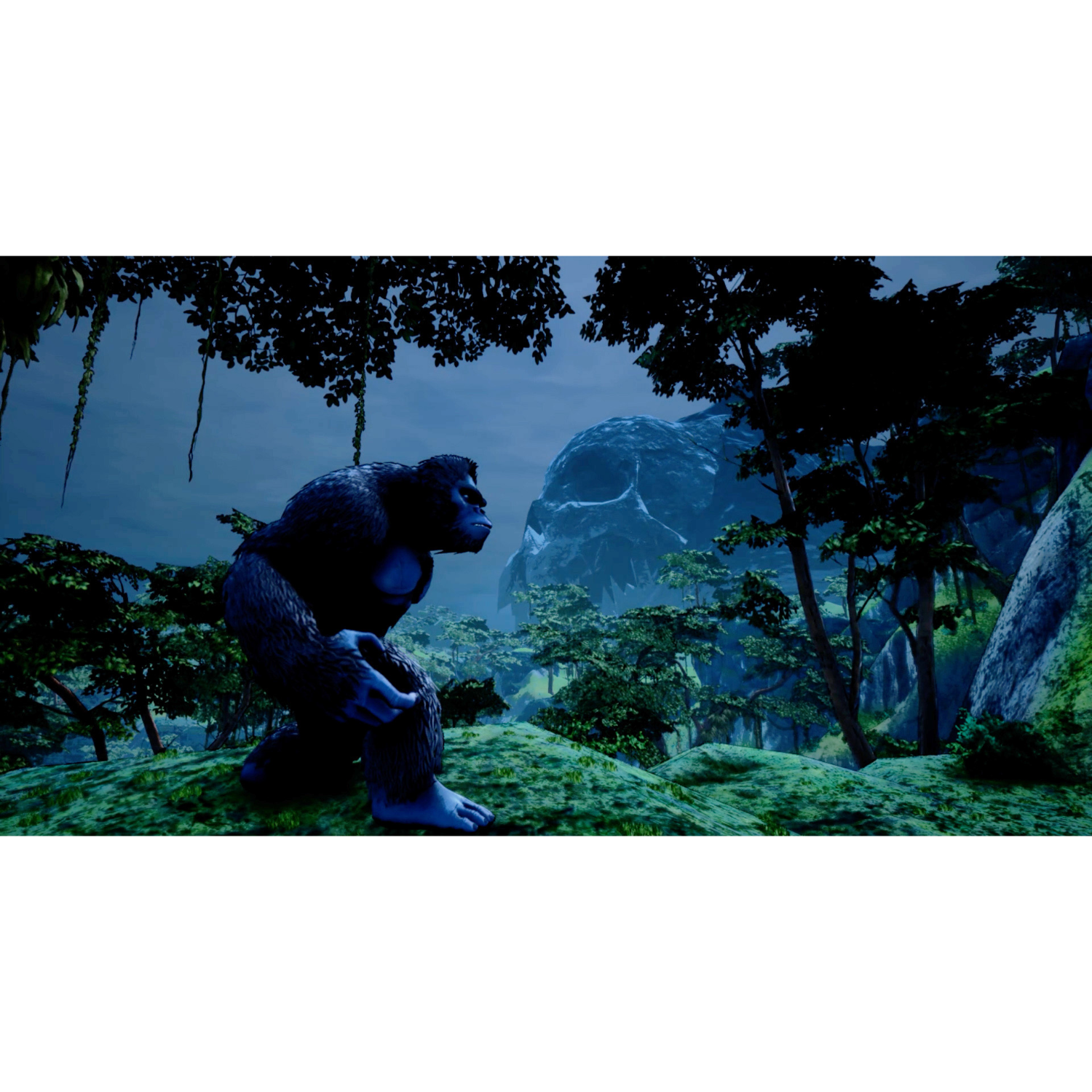Ein Gorilla im Dschungel, der einen Berg betrachtet. Dunkel, mit grünem Laub und blauem Himmel.