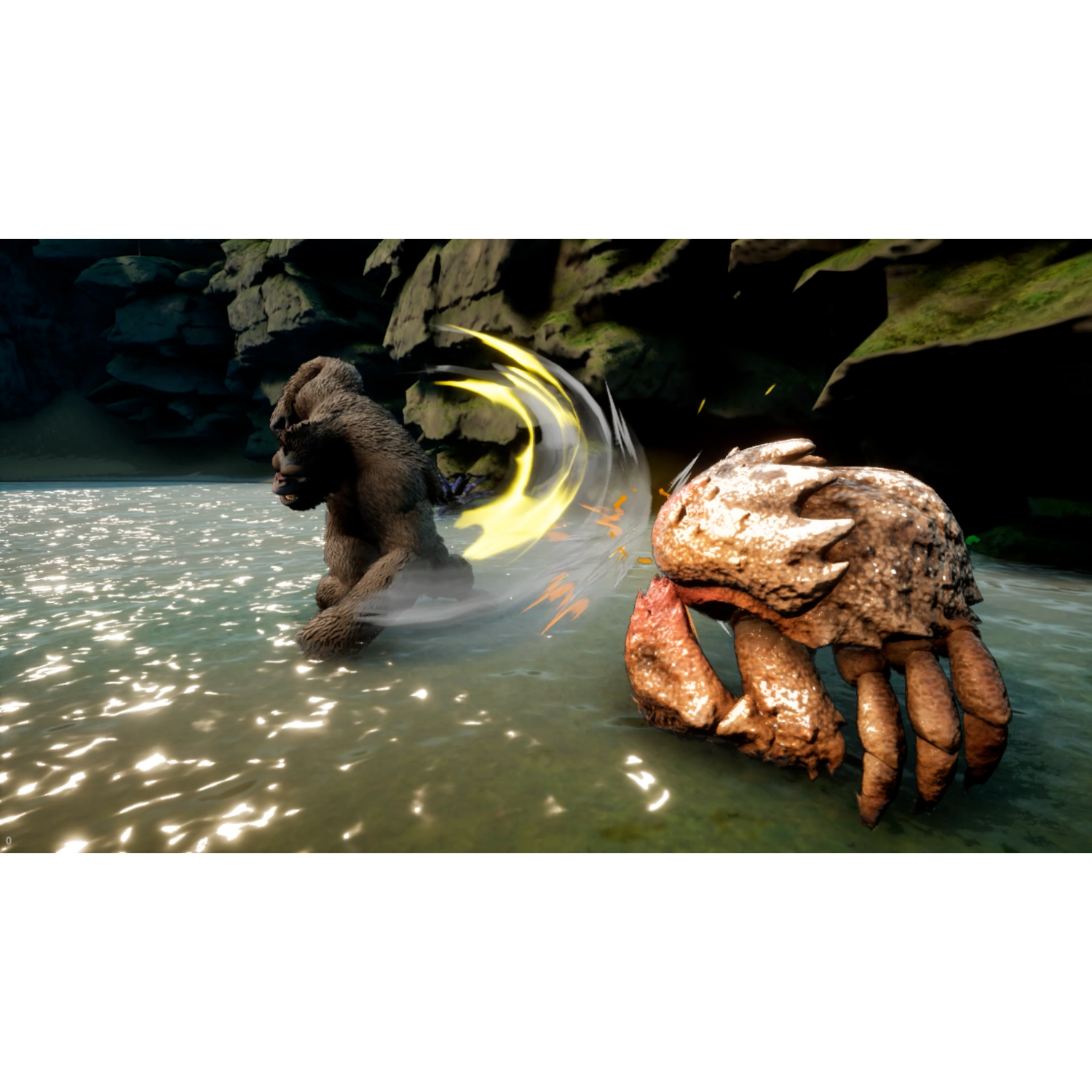 Ein Gorilla und eine Krabbe kämpfen im Wasser. Der Gorilla ist braun. Die Krabbe ist braun und hat einen gelben Energieeffekt.