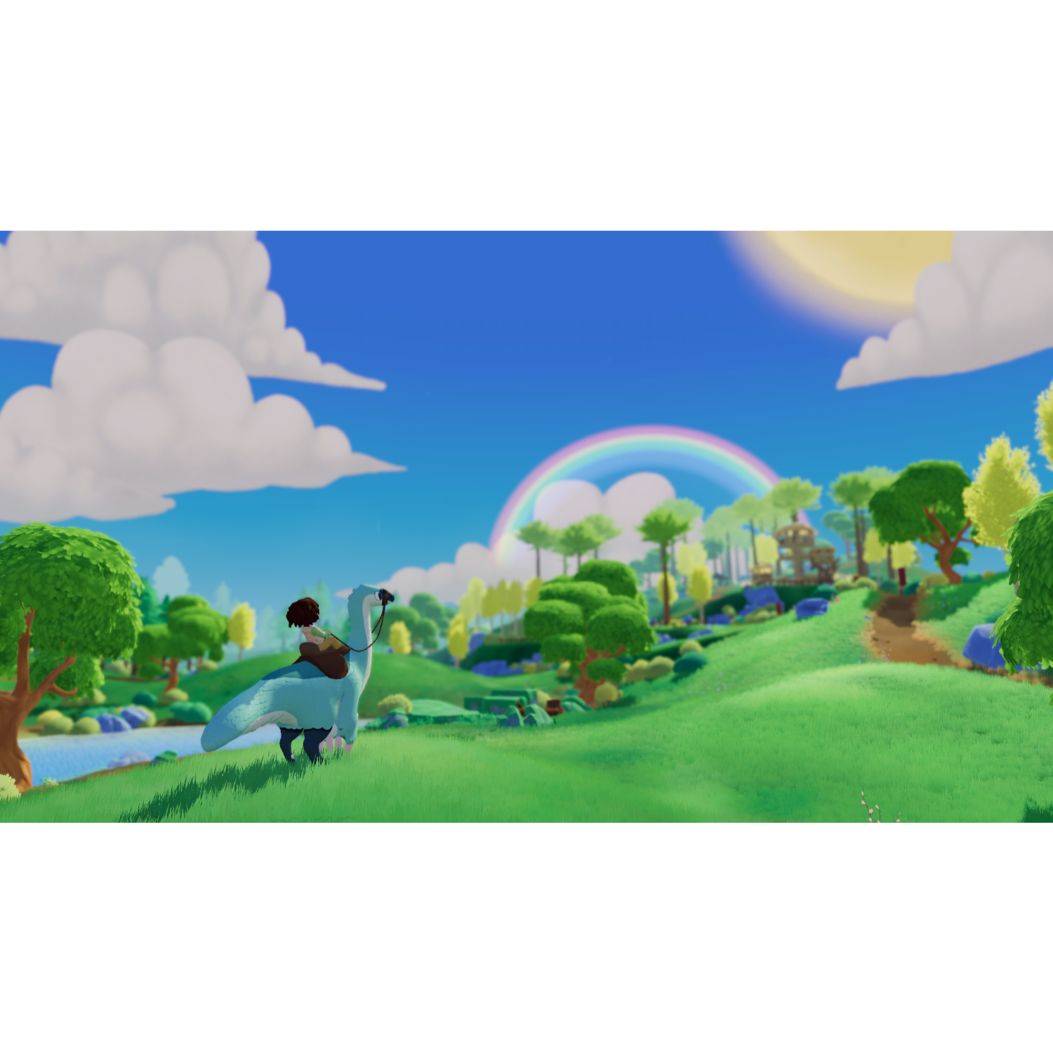 Eine Cartoon-Landschaft mit einem Jungen, der auf einem blauen Dinosaurier reitet. Ein Regenbogen und sonniger Himmel im Hintergrund.
