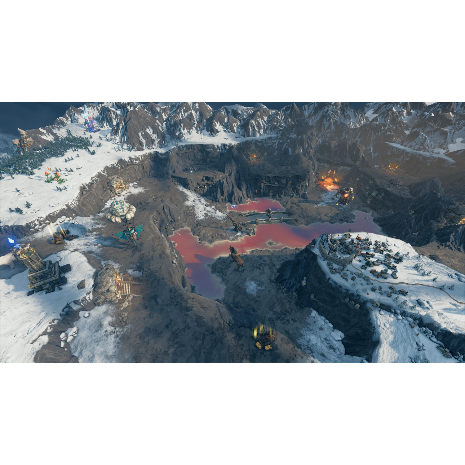 Scena z gry: Ośnieżone góry i teren z budynkami i czerwoną rzeką.