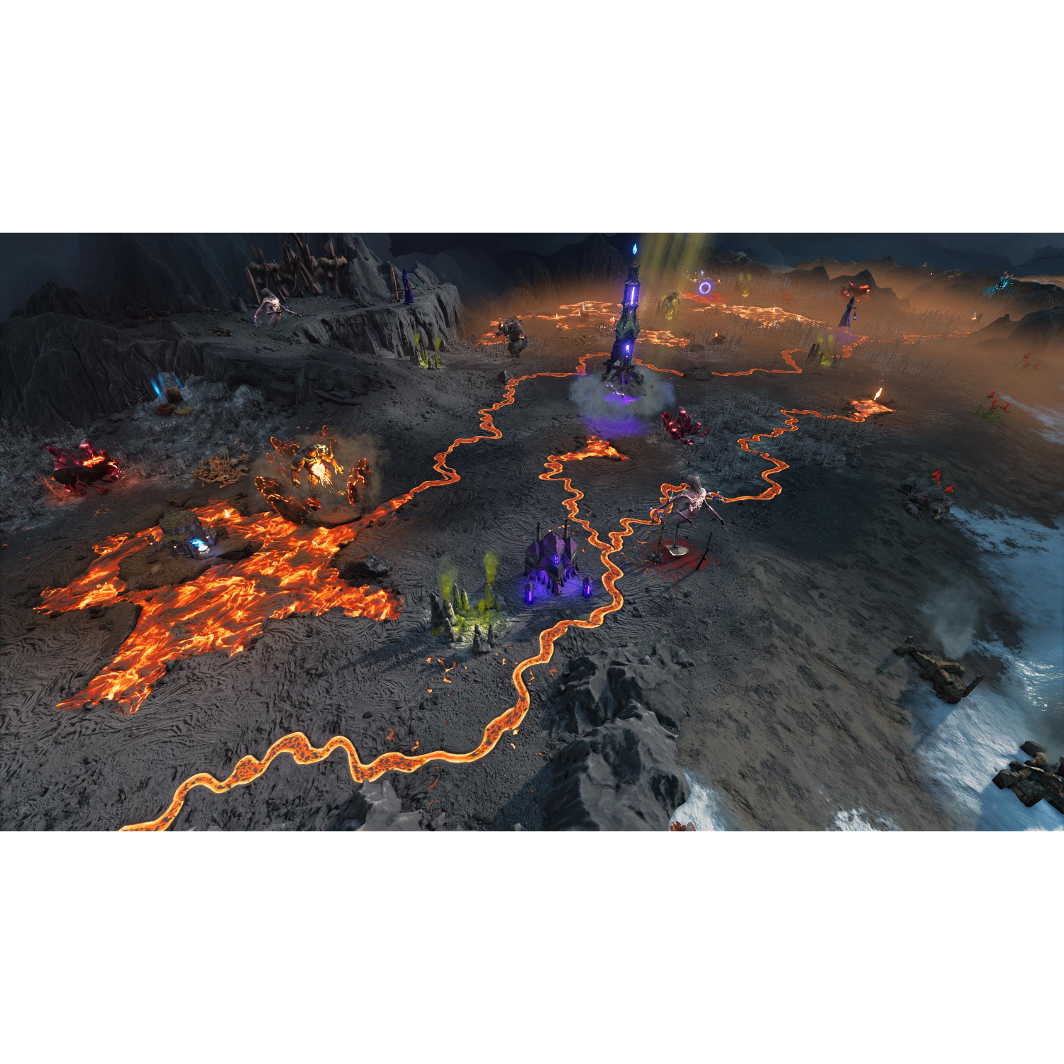 Fantastyczny krajobraz z rzekami lawy, strukturami i postaciami. Ciemne, złowrogie niebo.