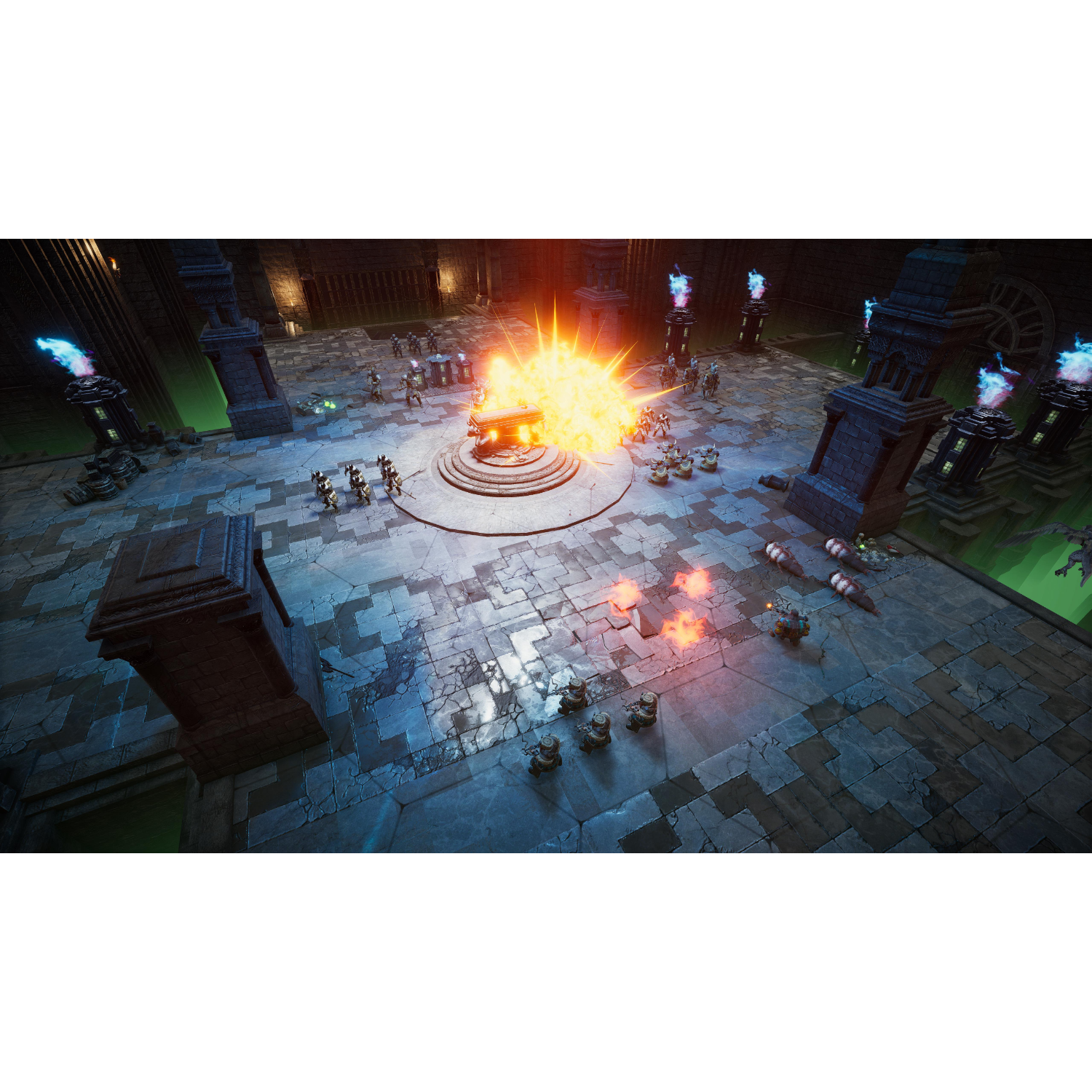 Scena z gry. Eksplozja na środku, żołnierze, ogień i budowle przypominające zamek.