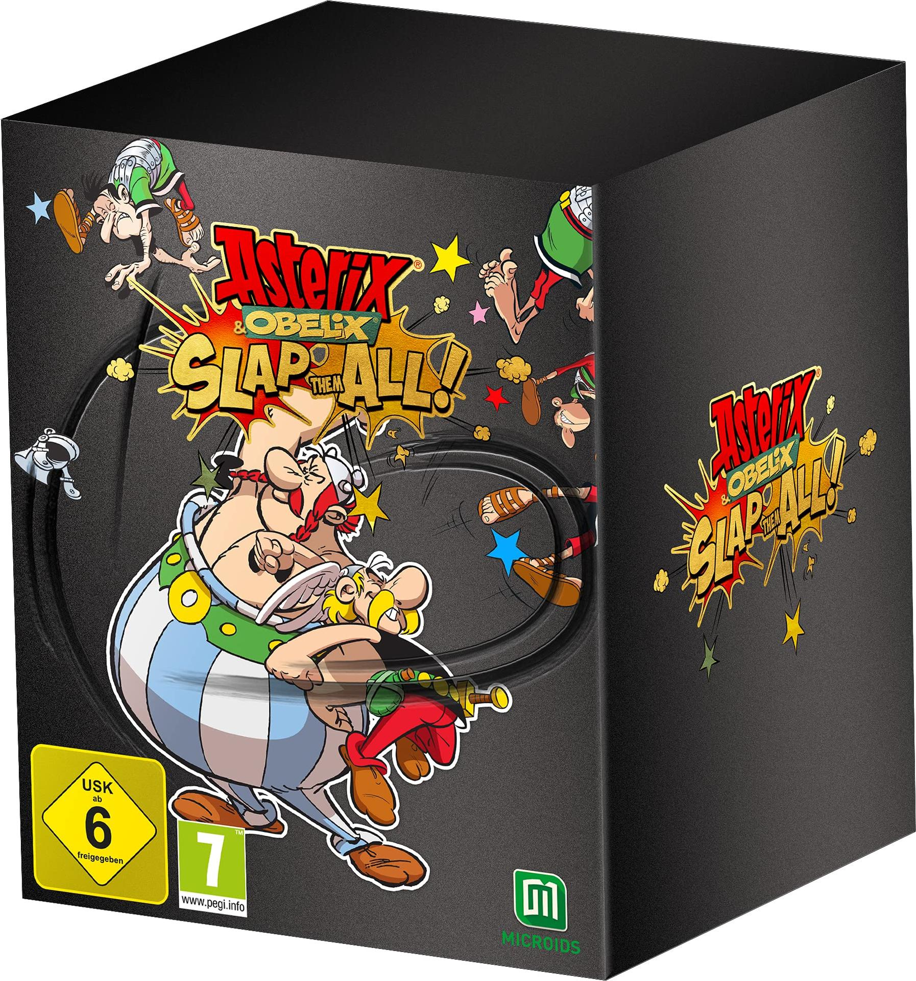 Pudełko z grą Asterix & Obelix Slap them All! z postaciami z kreskówek z przodu i z boku.