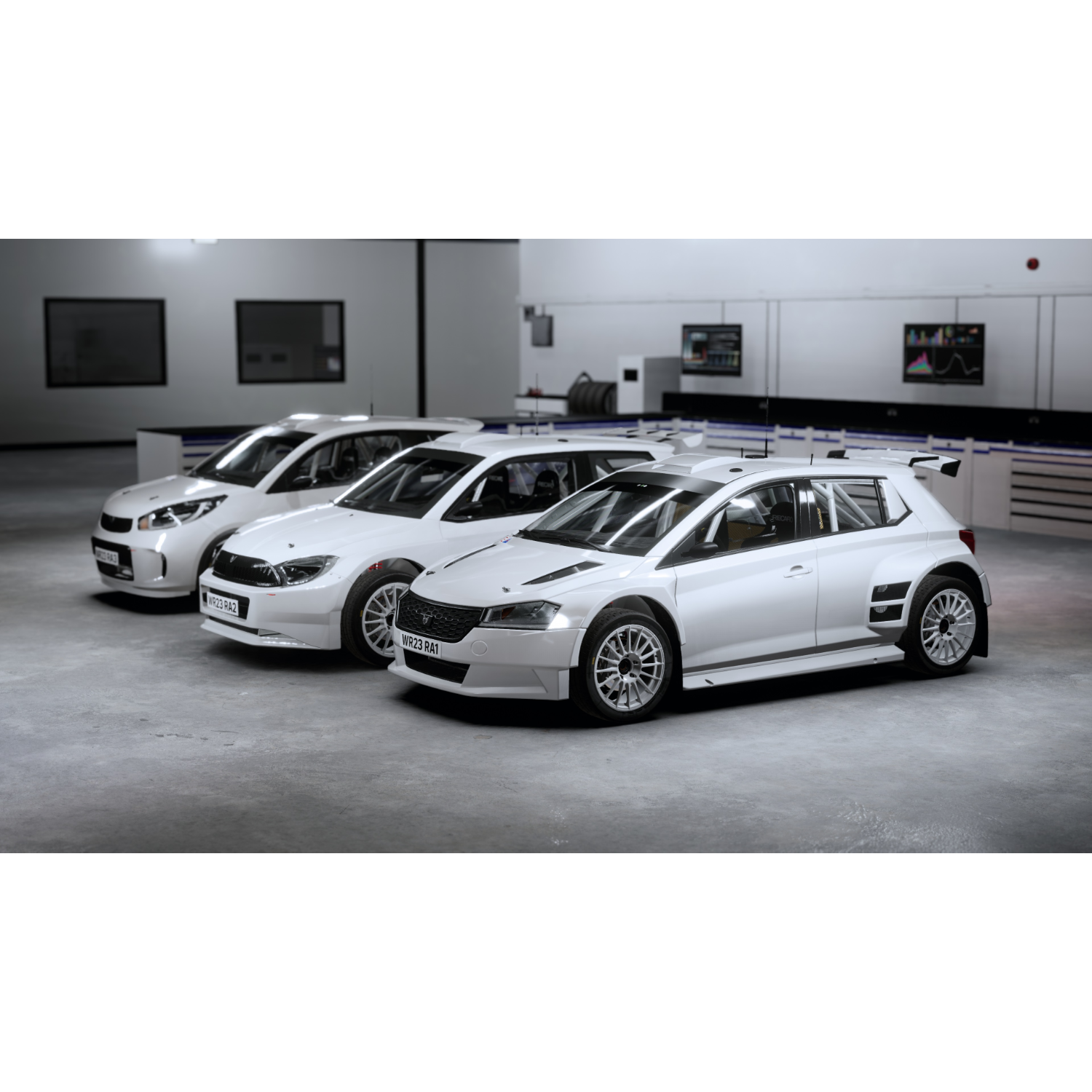 Trzy białe samochody wyścigowe w garażu, z różnymi logo i designem.