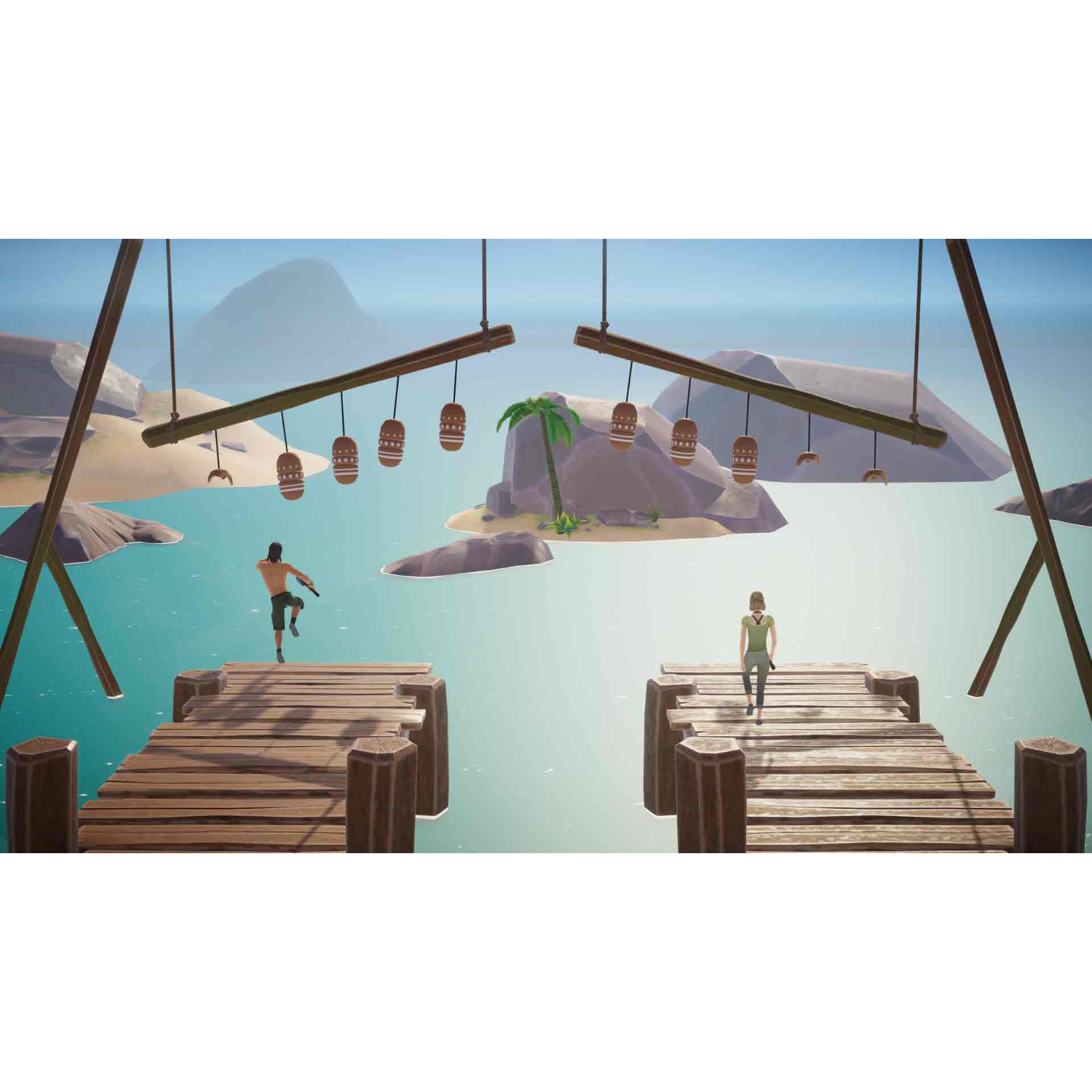 Dos personas en muelles, con agua y una montaña en el fondo.