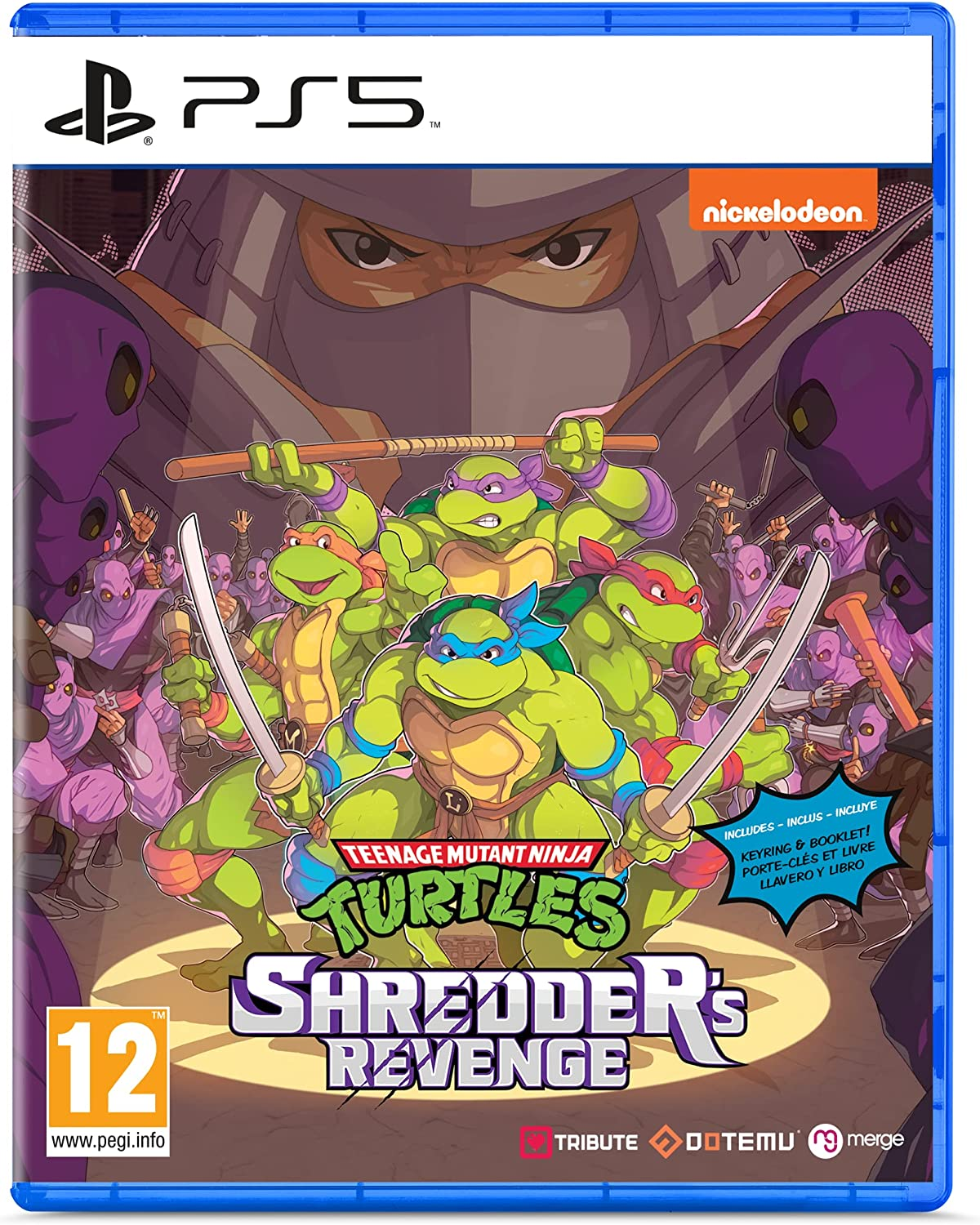 Pudełko z grą PS5. Grafika Teenage Mutant Ninja Turtles. Zawiera grę i broszurę. Niebieska obudowa.