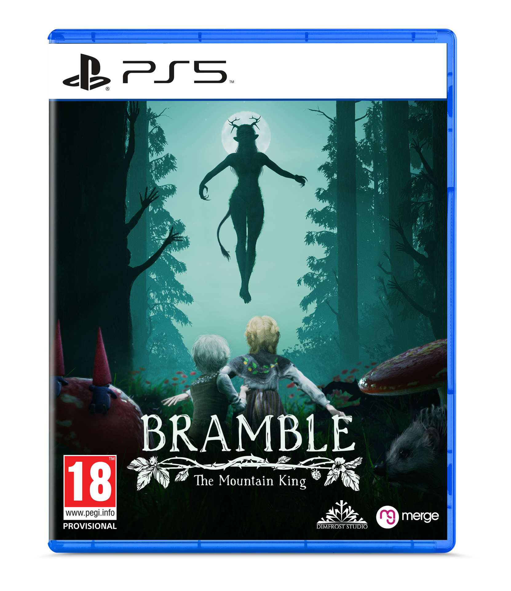 Okładka gry PS5: Bramble. Sylwetka unosi się nad dwójką dzieci w ciemnym lesie.
