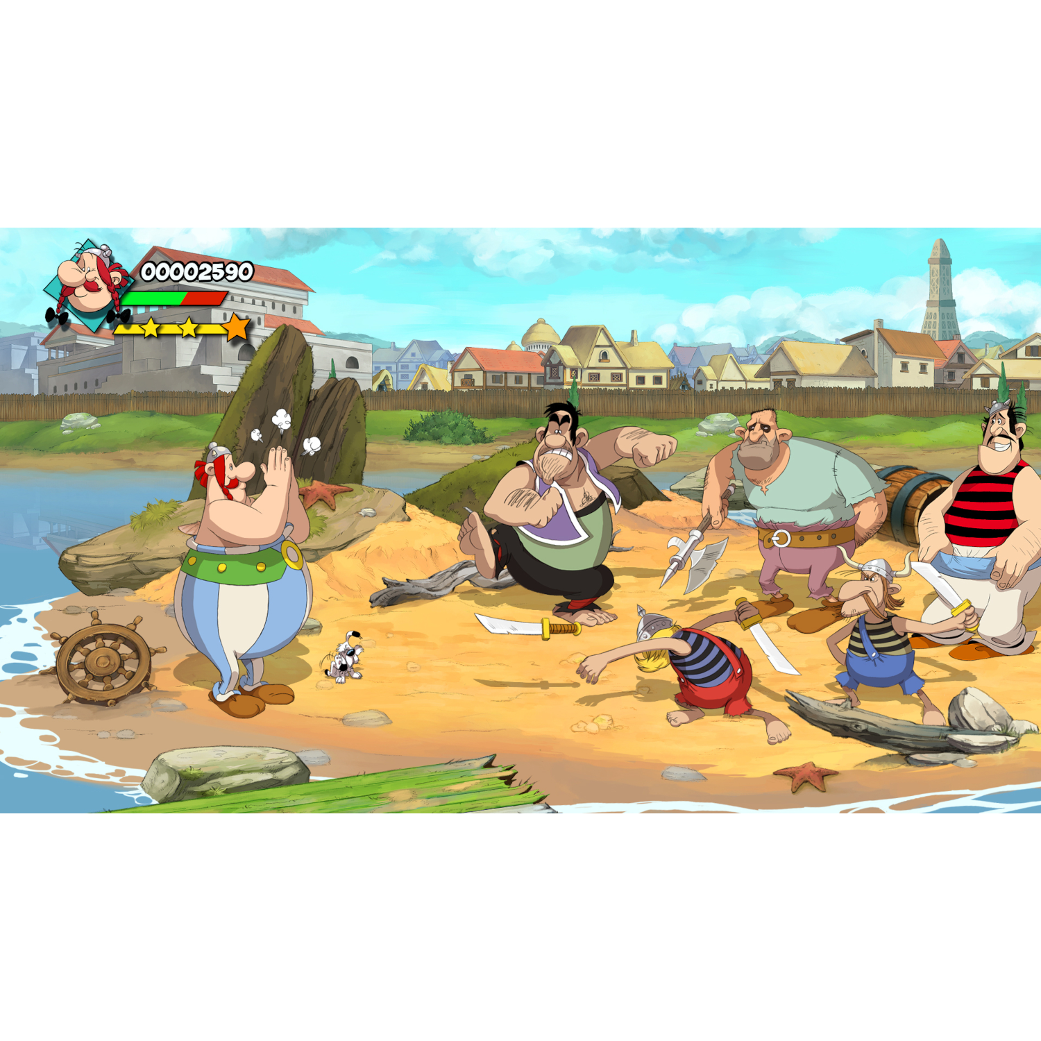 Una scena a fumetti di Asterix con diversi personaggi su una spiaggia, un timone e una città lontana. Il punteggio è mostrato.