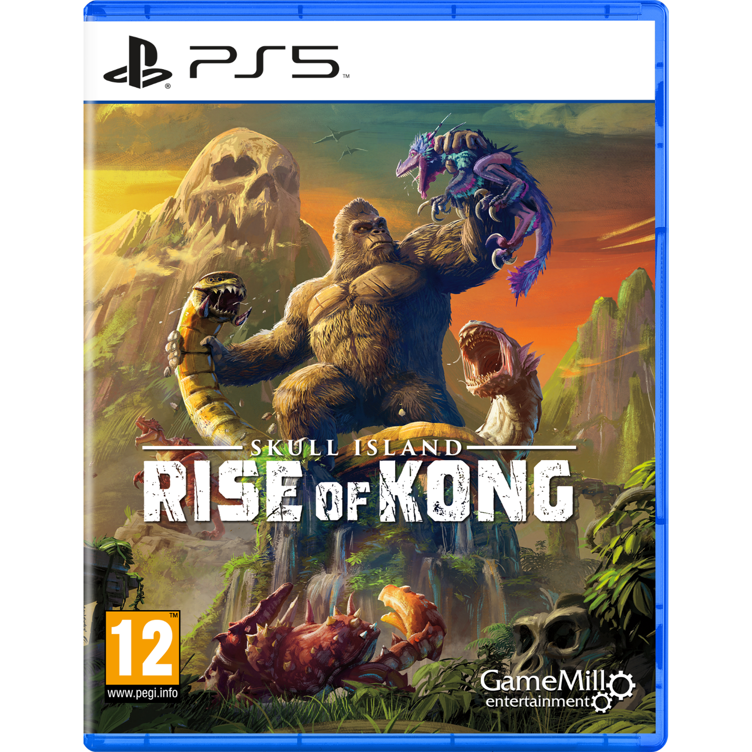 Arte de la portada del juego Skull Island: Rise of Kong. Presenta un gorila y otras criaturas.
