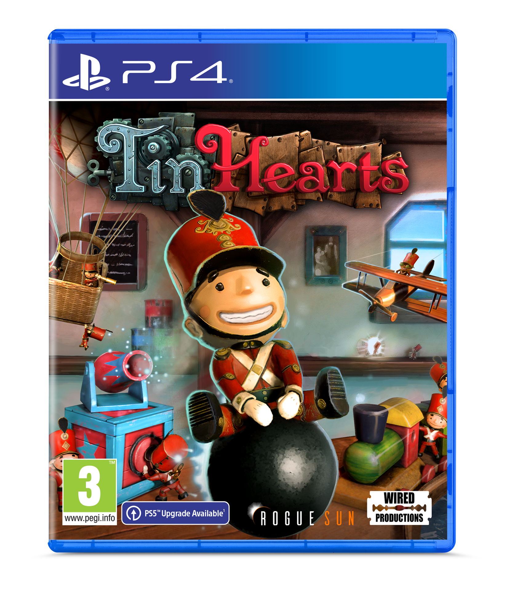 Caja del juego de PS4 para Tin Hearts. Un soldado de juguete sobre una bola negra. Ilustración colorida.