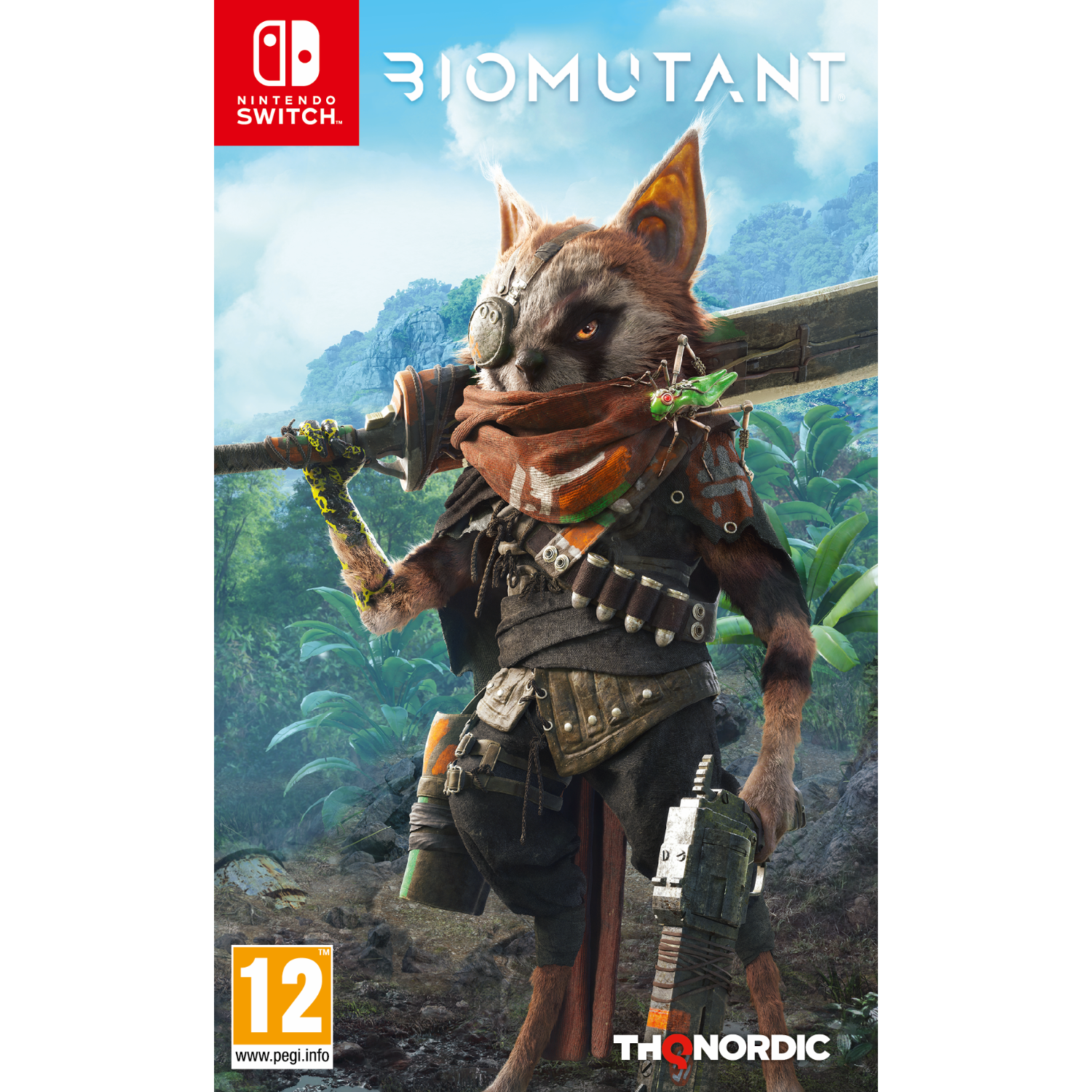Okładka gry Nintendo Switch 'Biomutant' z stworzeniem podobnym do szopa.