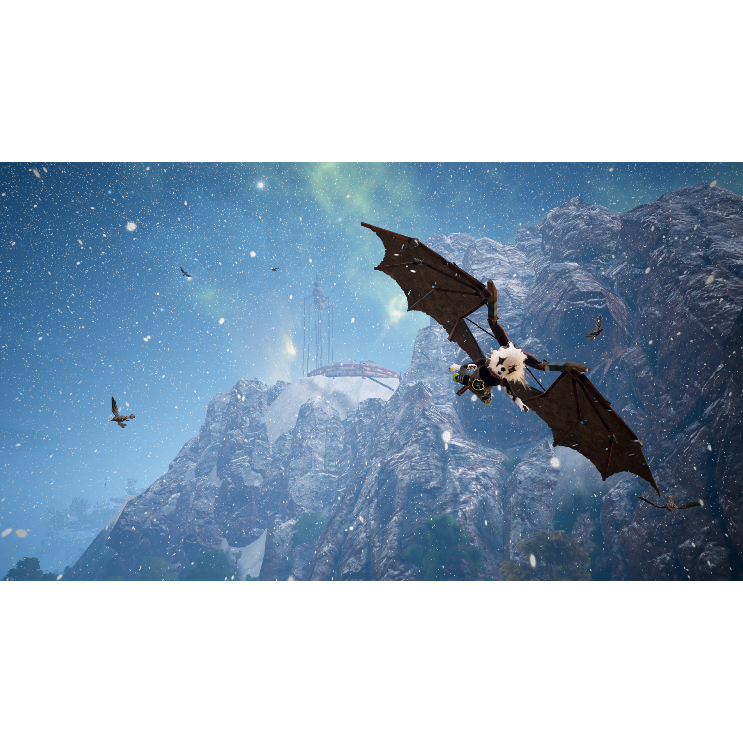 Stworzenie podobne do nietoperza leci nad zaśnieżonym łańcuchem górskim ze gwieździstym niebem.