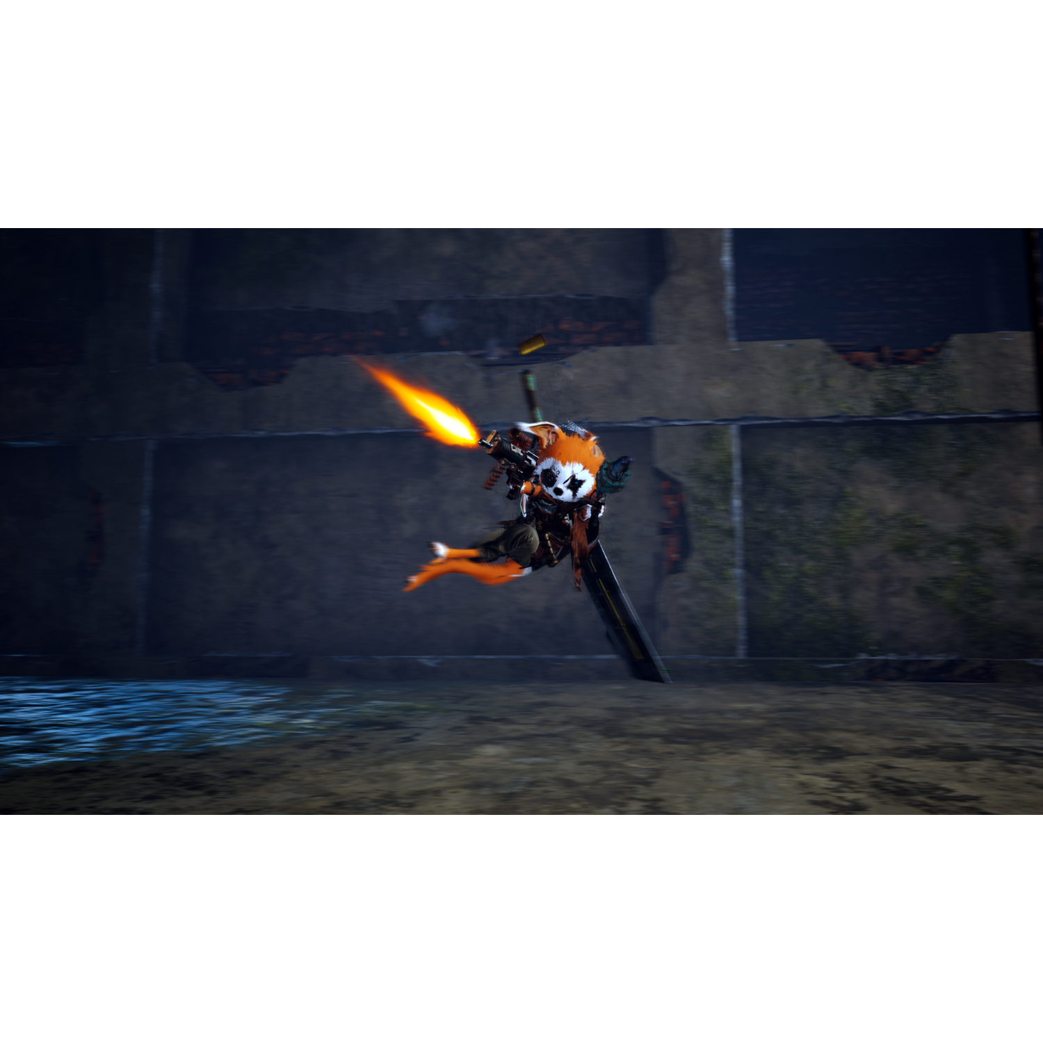 Robot w kolorach pomarańczowym i białym strzela płomieniem w ciemnym otoczeniu.