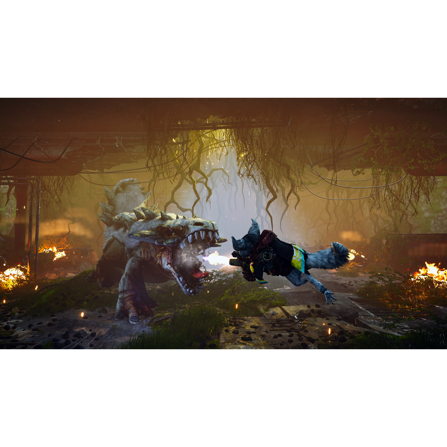 Postać podobna do wilka walczy z potworem w mrocznym, ognistym środowisku.