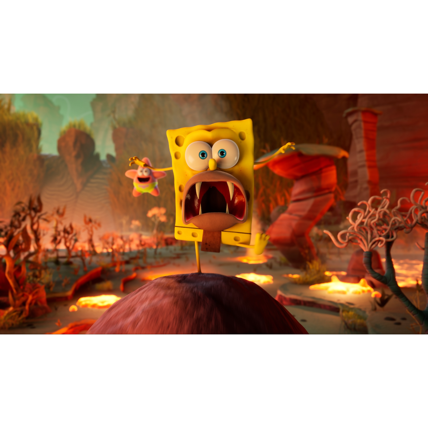 Spongebob Kanciastoporty i Patryk Rozgwiazda na czerwonym wzgórzu, Spongebob krzyczy z otwartą buzią, pomarańczowe tło.