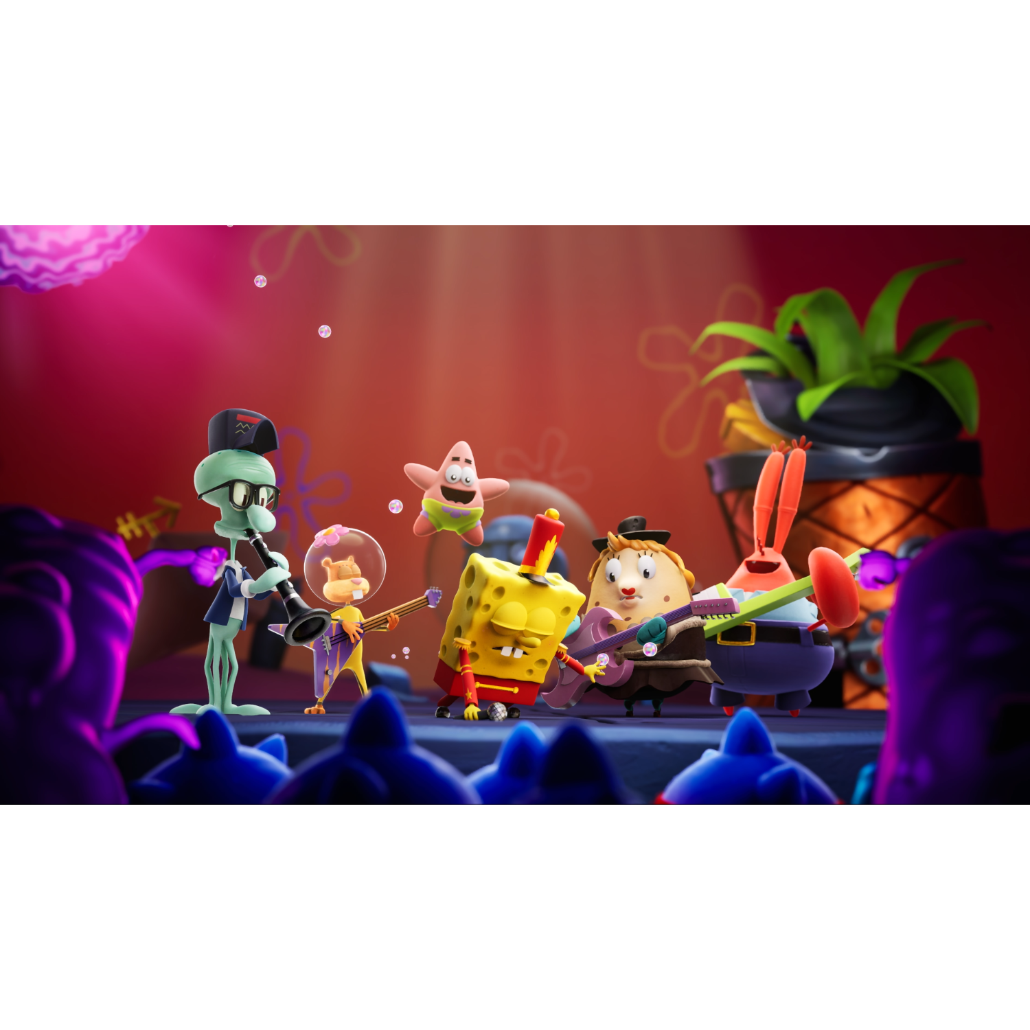 SpongeBob Kanciastoporty i przyjaciele grają na instrumentach na scenie pod fioletowymi światłami.
