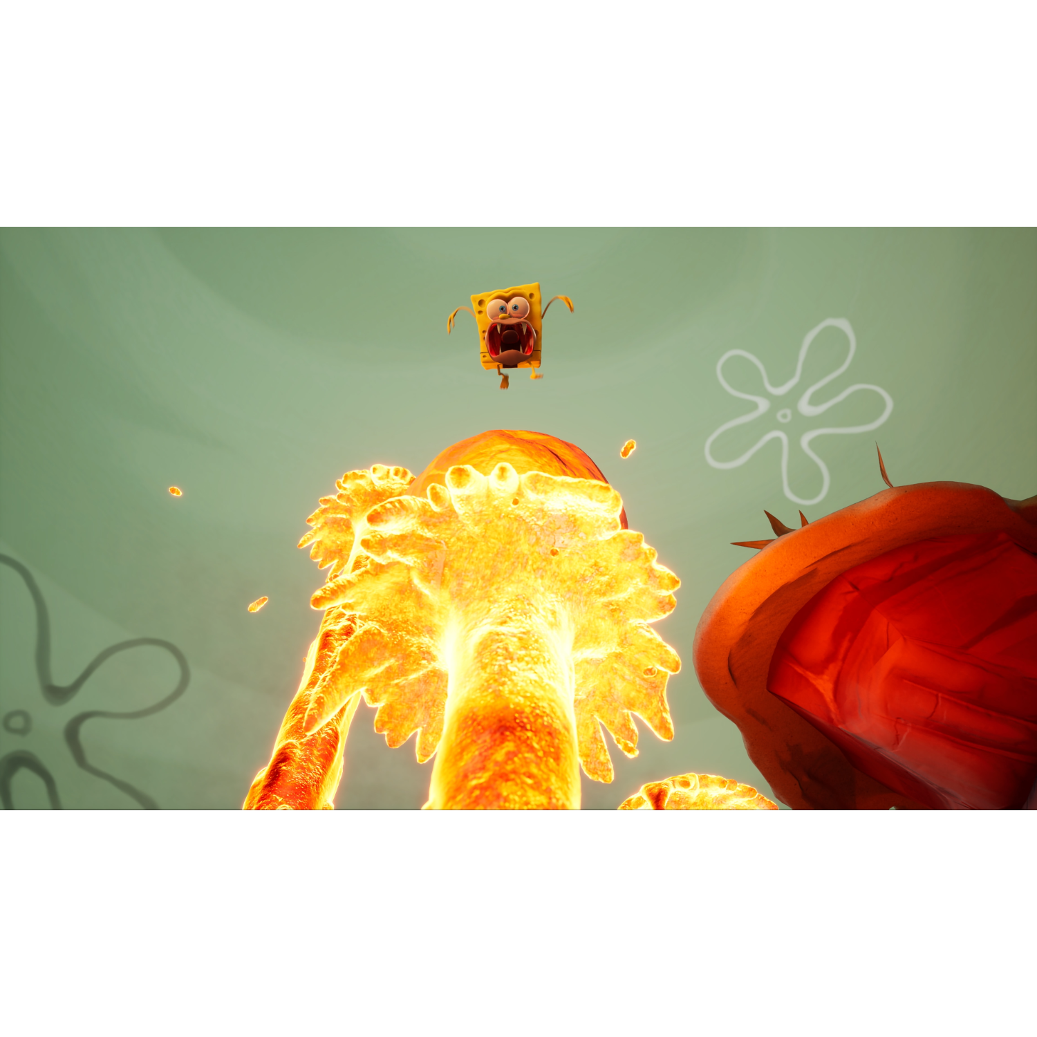 SpongeBob w płomiennej eksplozji, otoczony płomieniami i środowiskiem z kreskówek.