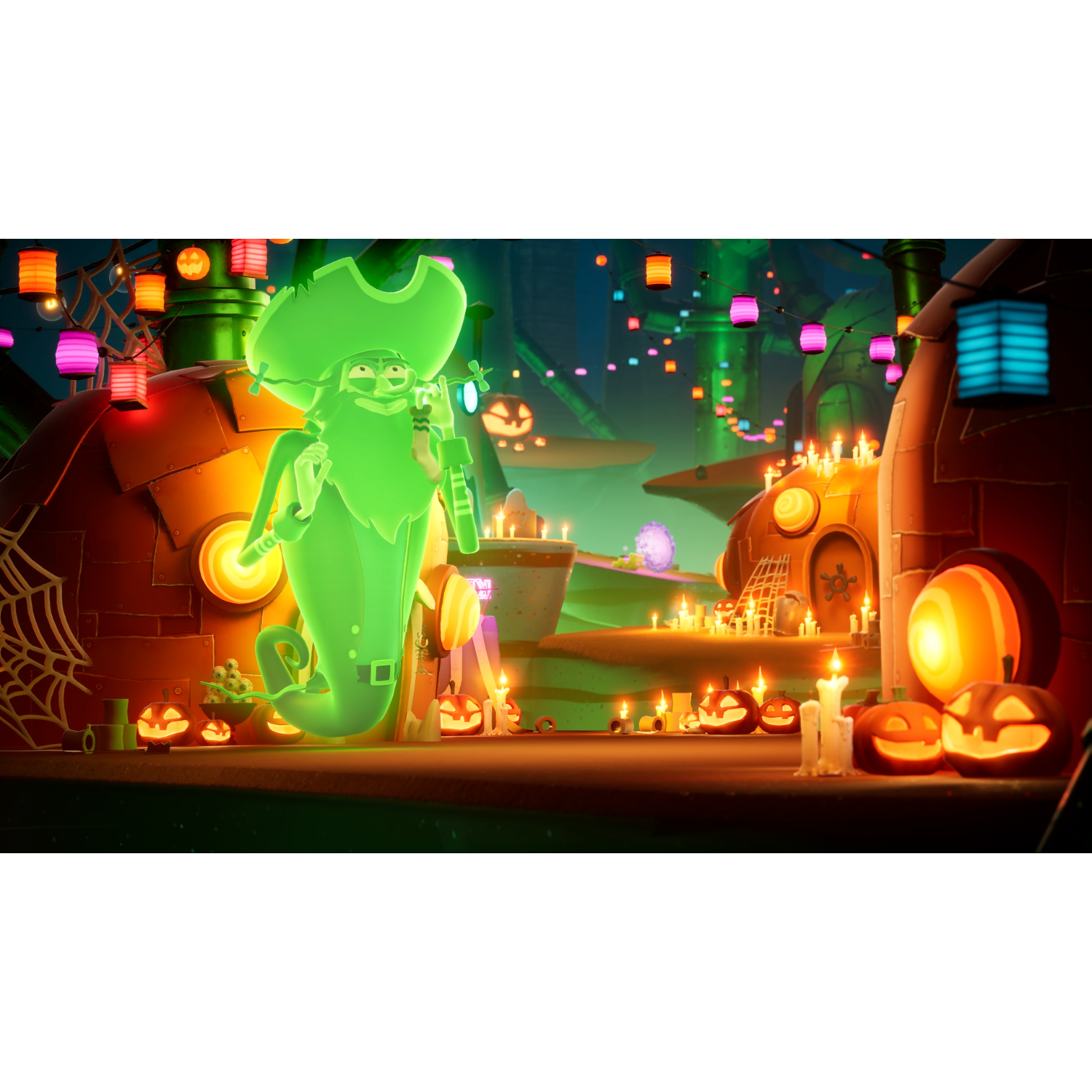 Scena Halloween z zielonym duchem, dyniami i świątecznymi dekoracjami.