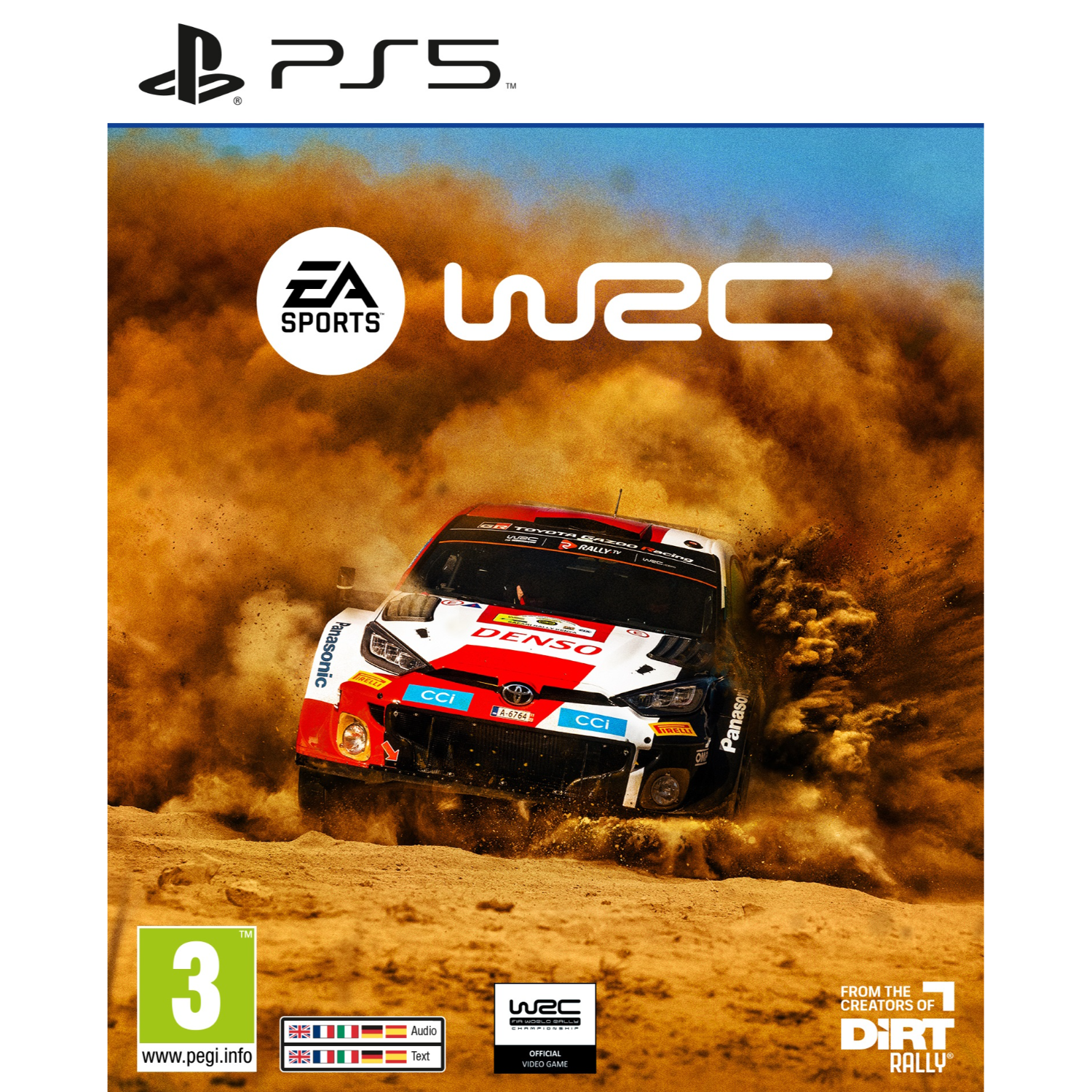Okładka gry WRC, wyścigi samochodowe w piasku. Widoczne logo EA Sports i PS5.