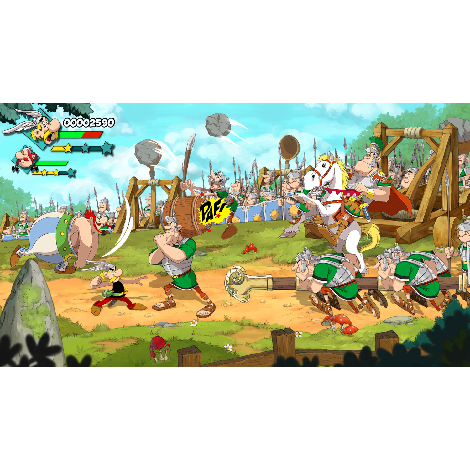 Asterix combatte i romani in una scena a cartoni animati. Include catapulte, un cavallo bianco e un tamburo.