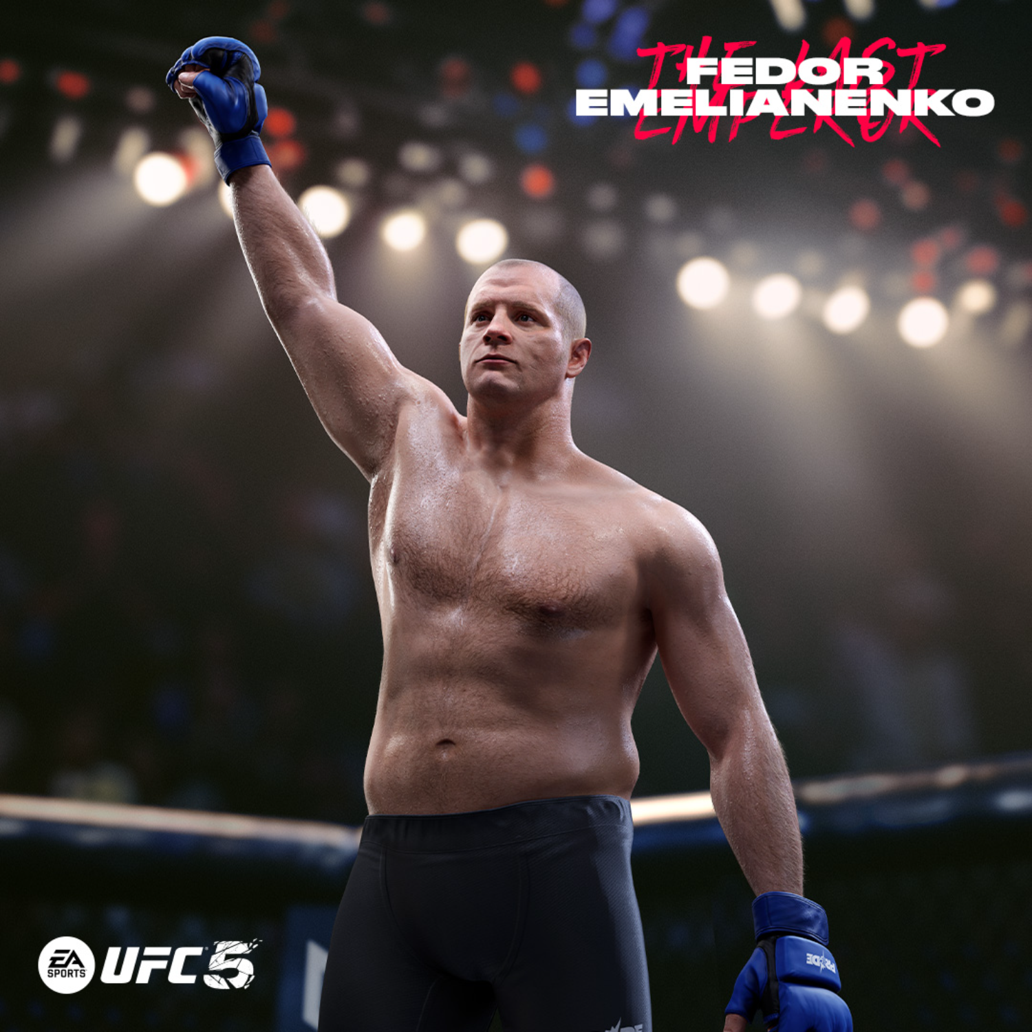 Mężczyzna unosi ramię w geście zwycięstwa, w niebieskich rękawicach, z tekstem UFC 5 i 'The Last Emperor'.