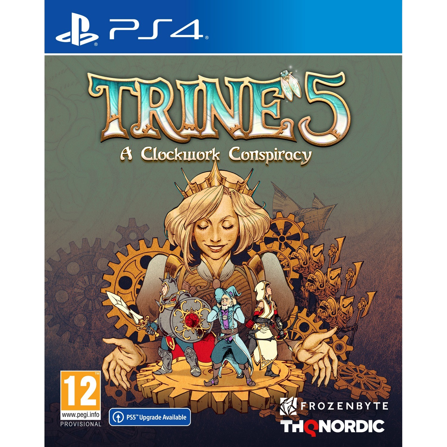 Portada del juego PS4 para Trine 5: A Clockwork Conspiracy, con personajes y engranajes.