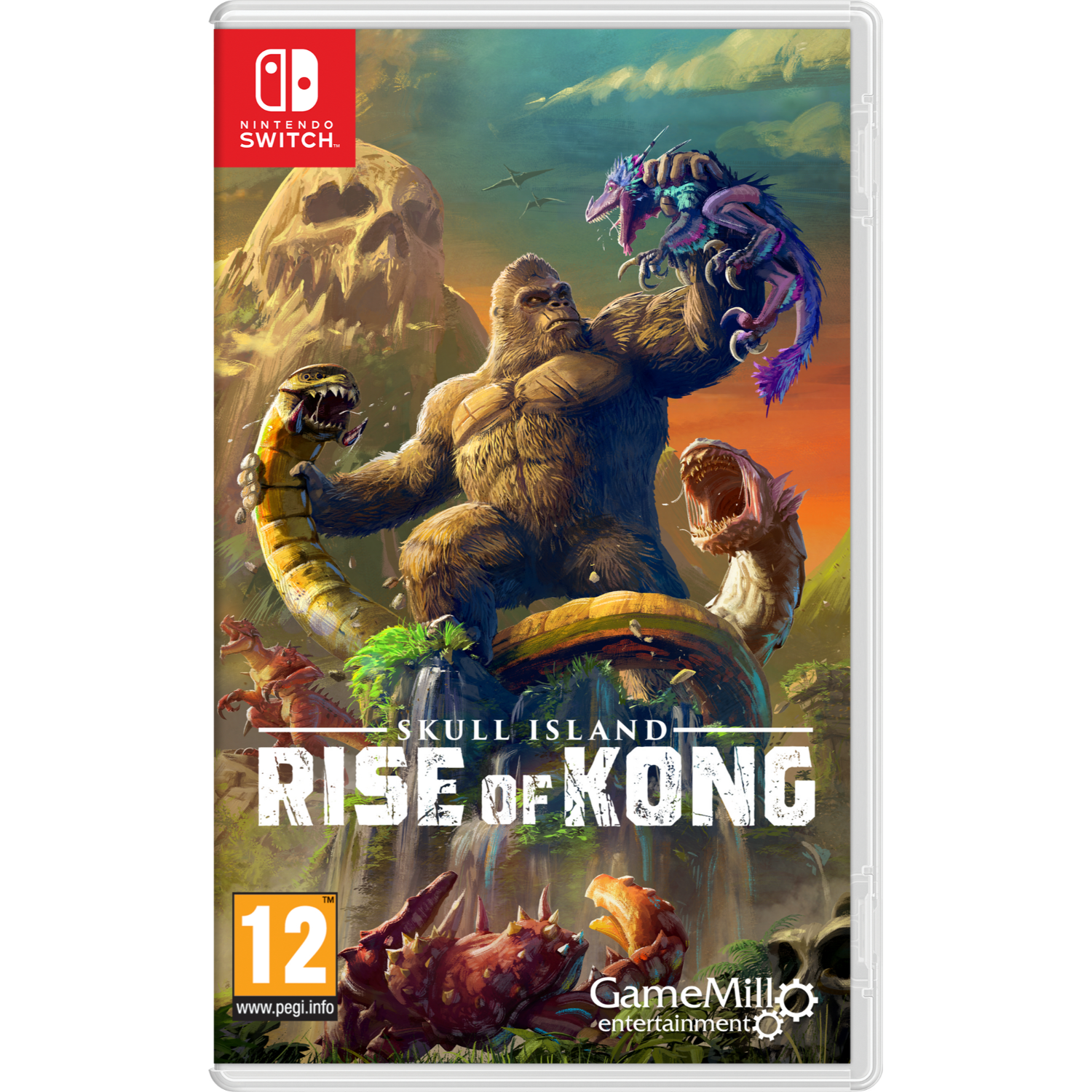 Nintendo Switch-Spielbox. Artwork von 'Skull Island: Rise of Kong'. Mit King Kong und Dinosauriern.
