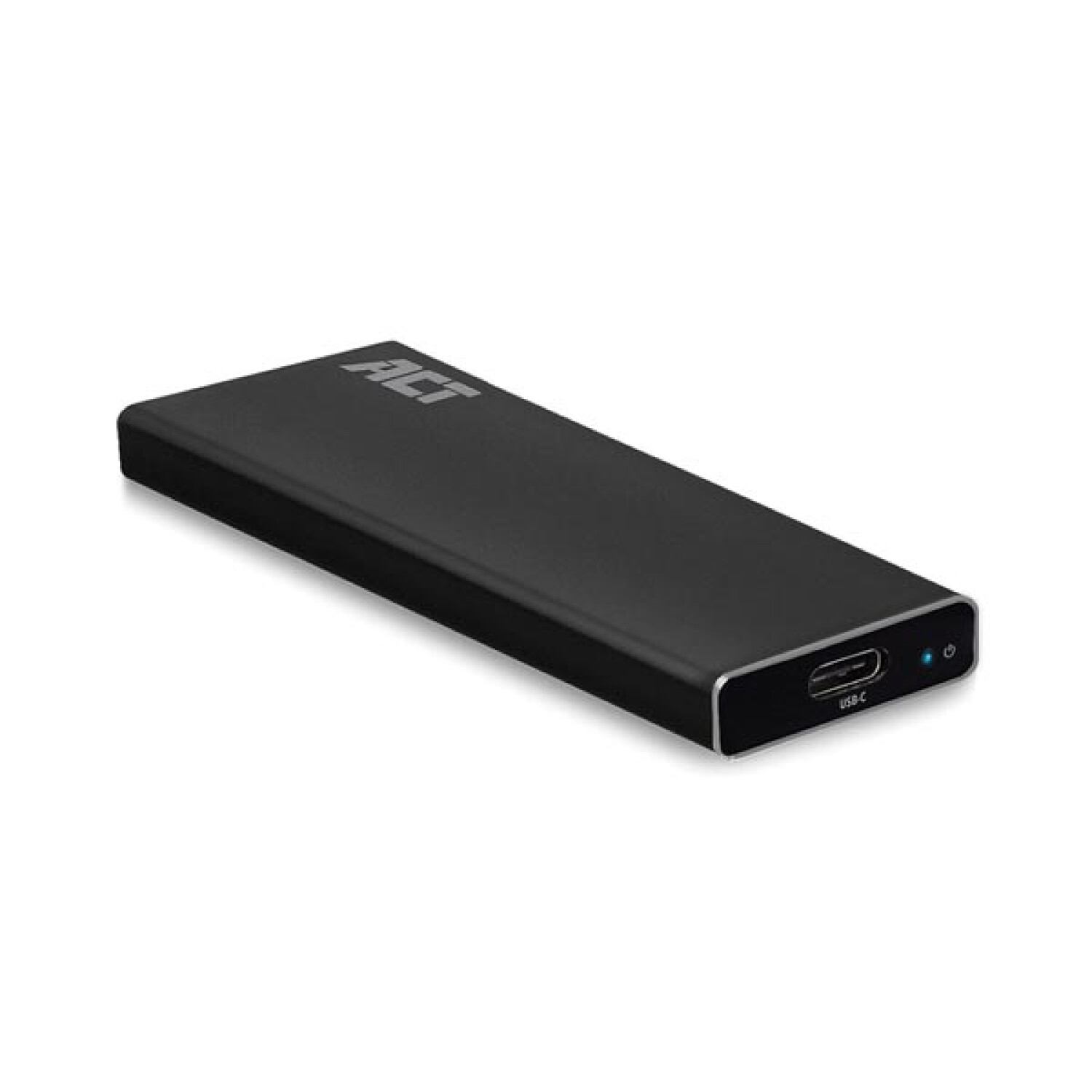 Eine schwarze externe Festplatte von ACT, mit USB-C-Anschluss und blauer Kontrollleuchte.
