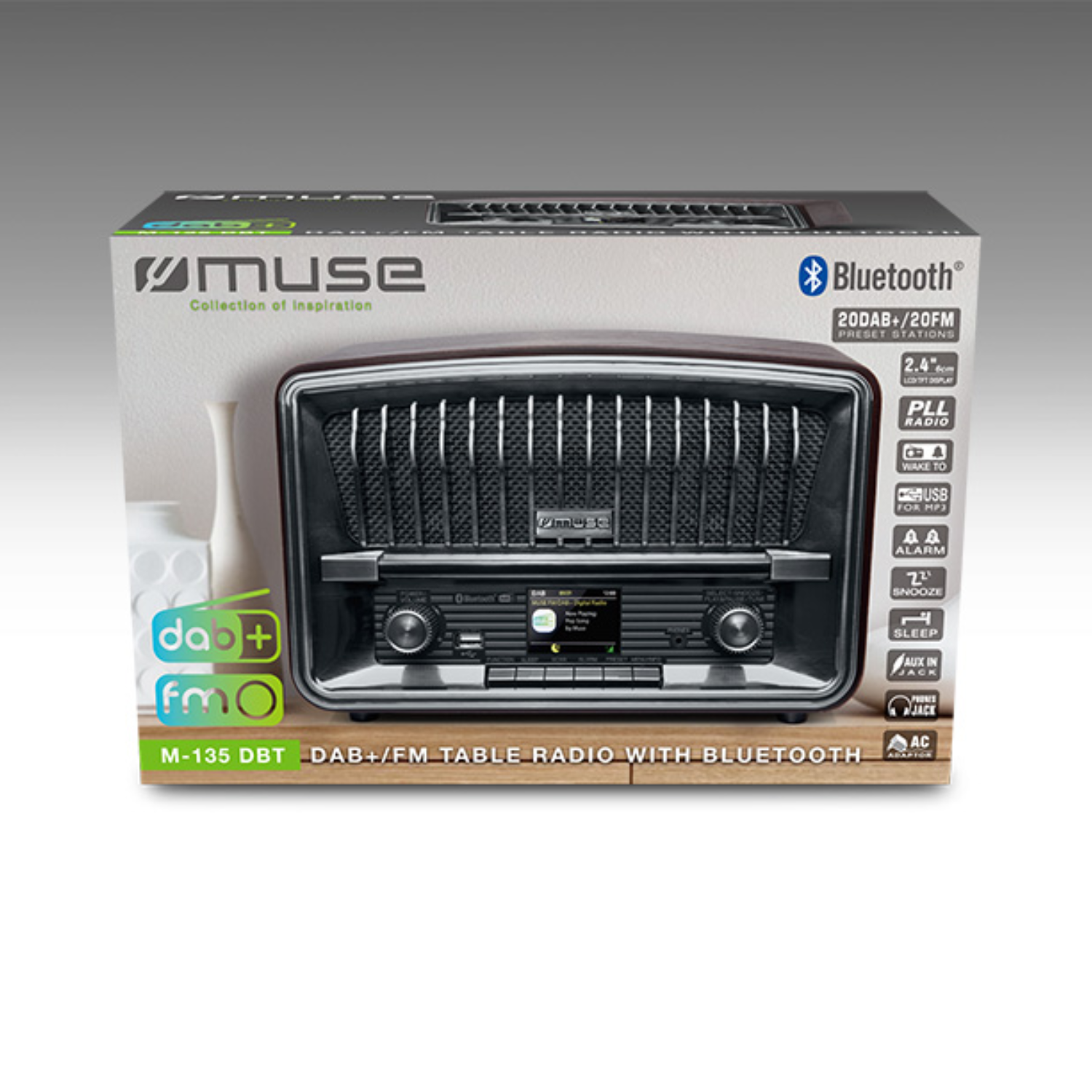 Radio estilo retro en caja con pantalla digital y Bluetooth. La caja incluye detalles del producto.