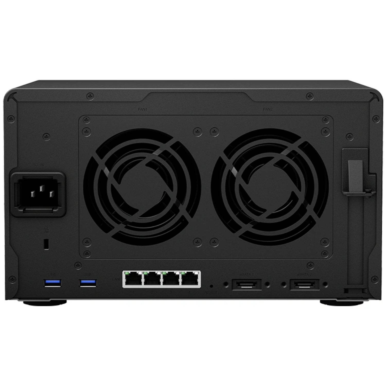 Vista trasera del servidor NAS negro. Dos ventiladores, múltiples puertos, entrada de alimentación y botón de reinicio.
