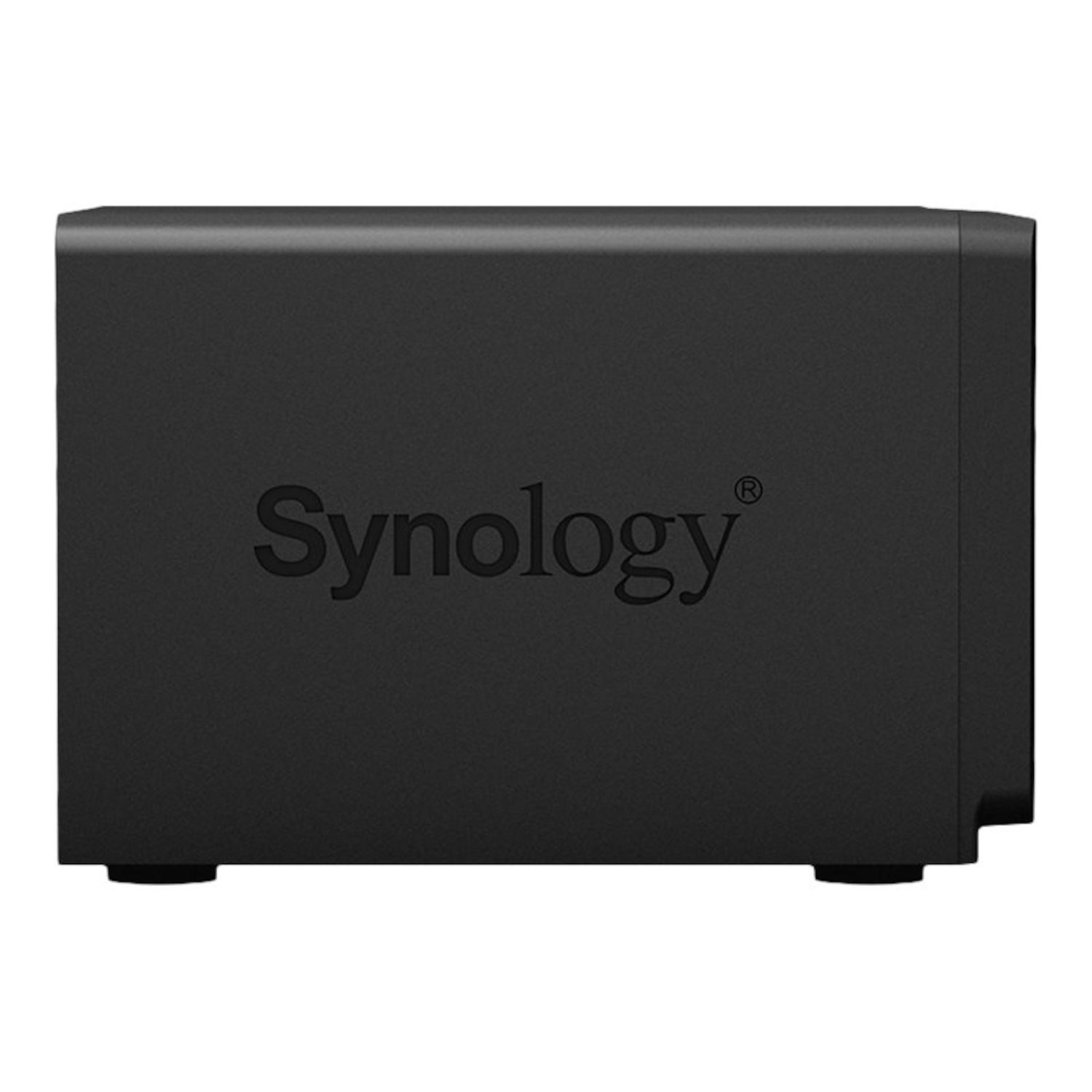 Czarne urządzenie Synology NAS z wytłoczonym logo marki z przodu.