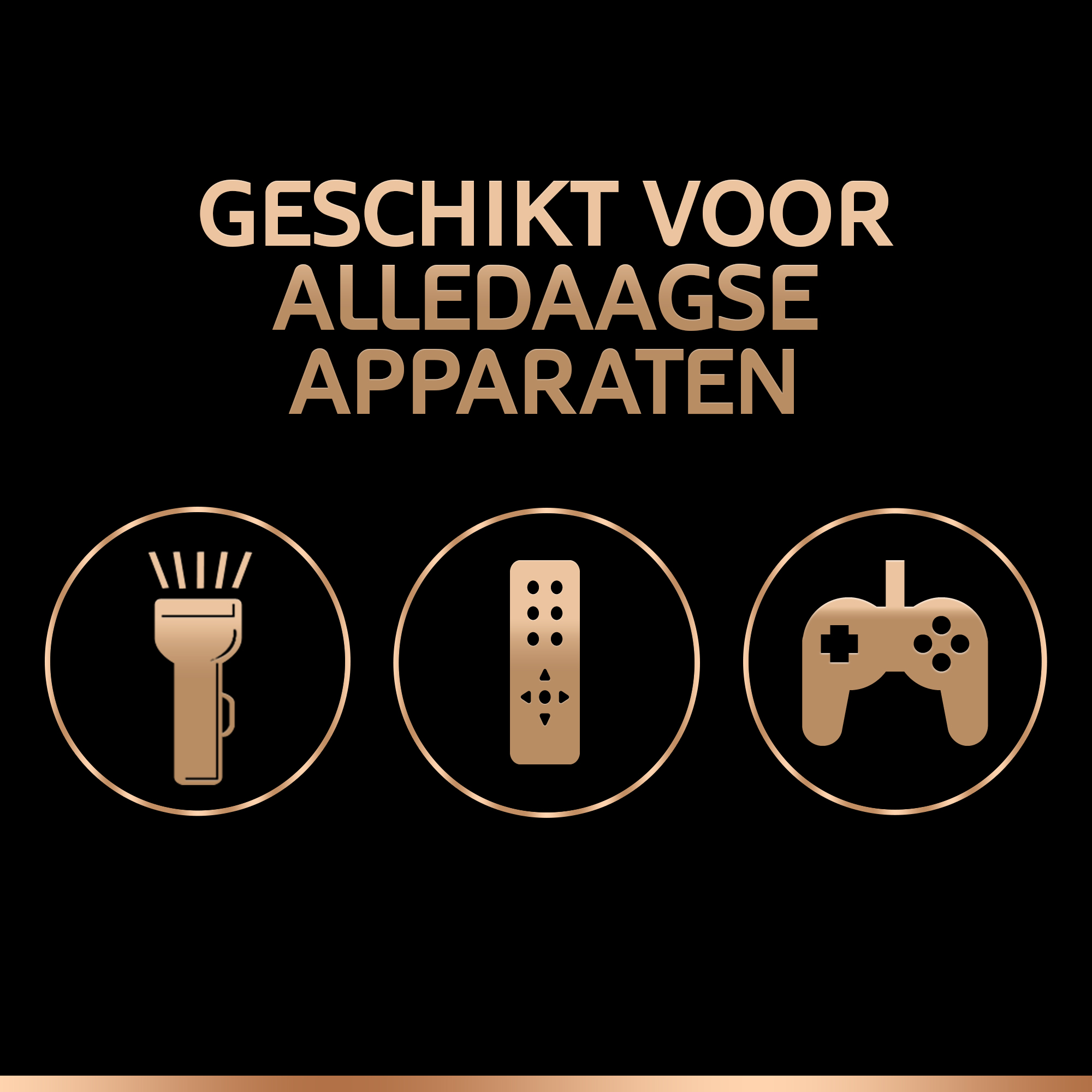 Drei Symbole, eine Taschenlampe, eine Fernbedienung und ein Gamecontroller mit Text: Geeignet für Alltagsgeräte.