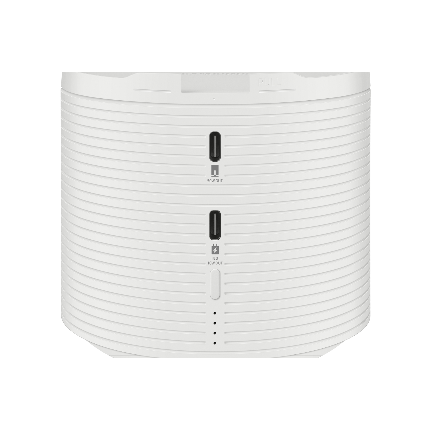 Dispositivo cilíndrico blanco. Tiene dos puertos USB-C y un puerto USB-A. Fondo negro.