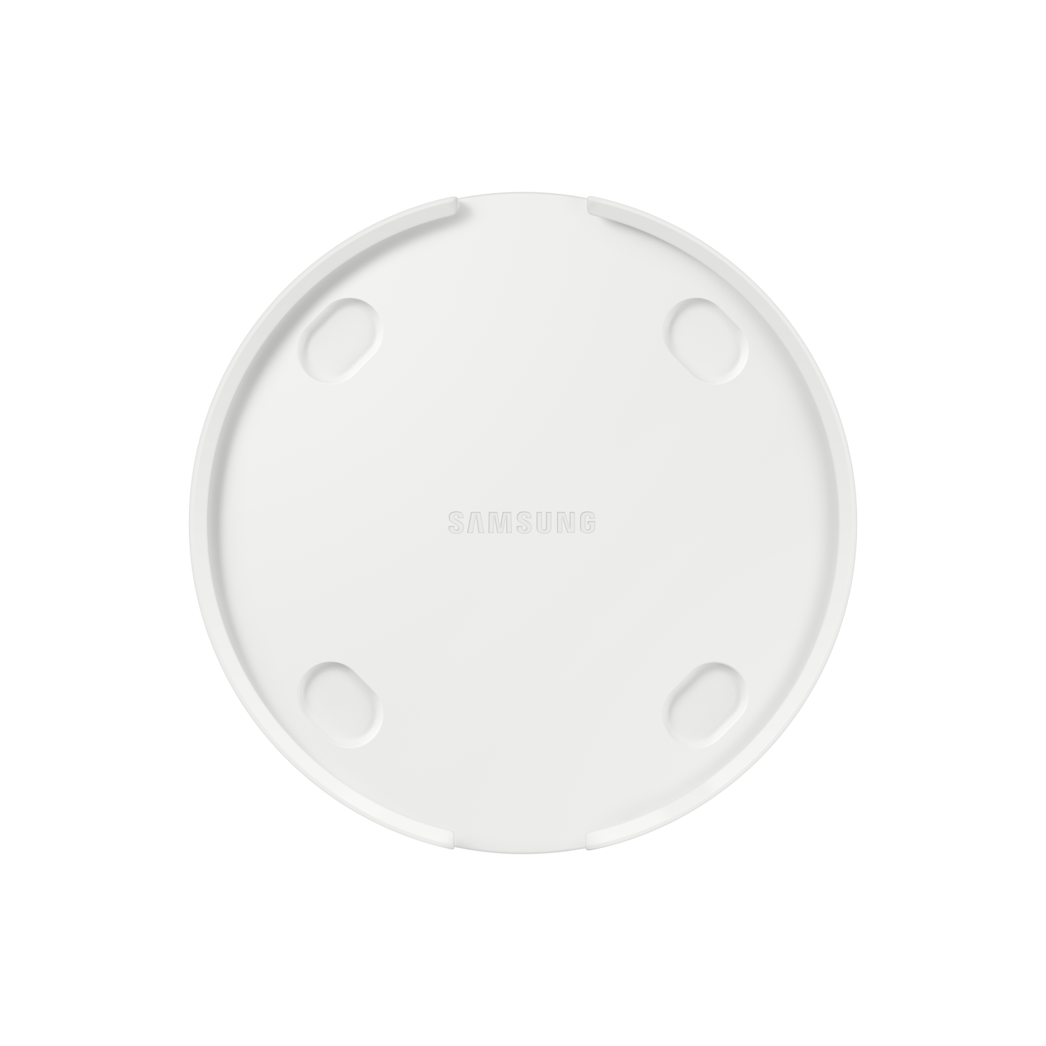 Base de carga inalámbrica blanca con el logo de Samsung, sobre fondo negro.