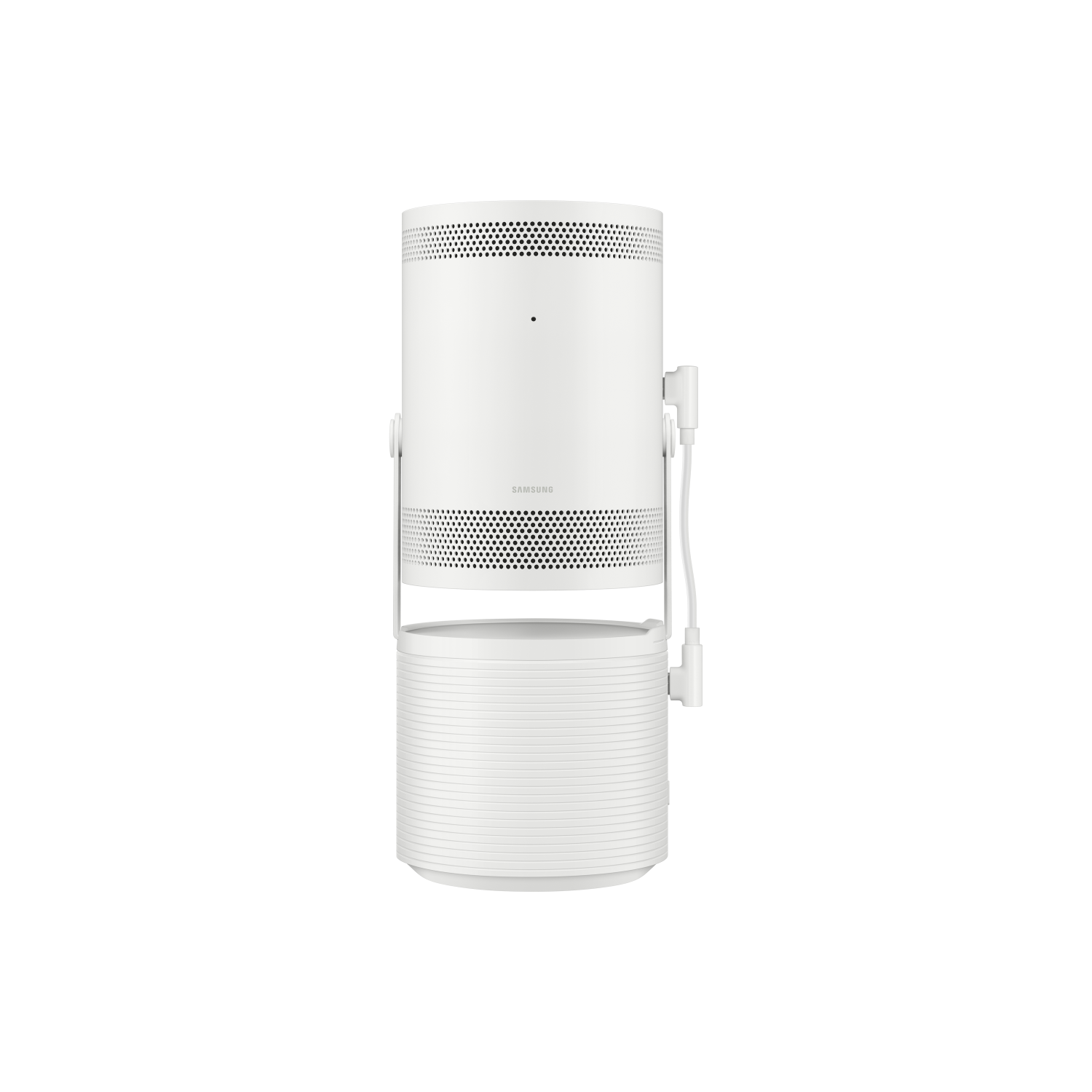 Un altavoz cilíndrico blanco de Samsung con una base desmontable más pequeña. Tiene un diseño elegante y moderno.