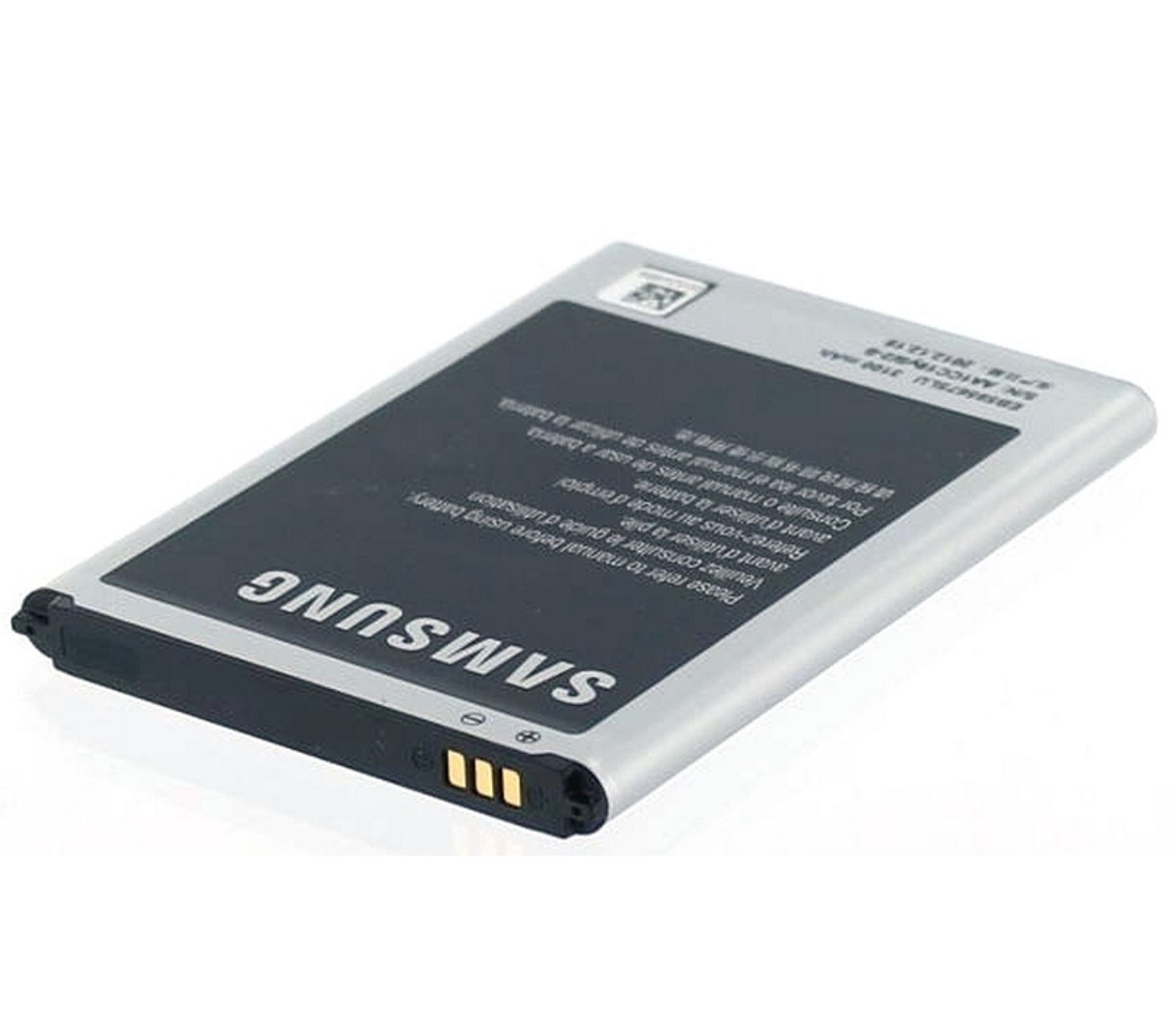 Samsung-Telefonbatterie, rechteckig, silber und schwarz, mit Etiketten und Anschlüssen, weißer Hintergrund.